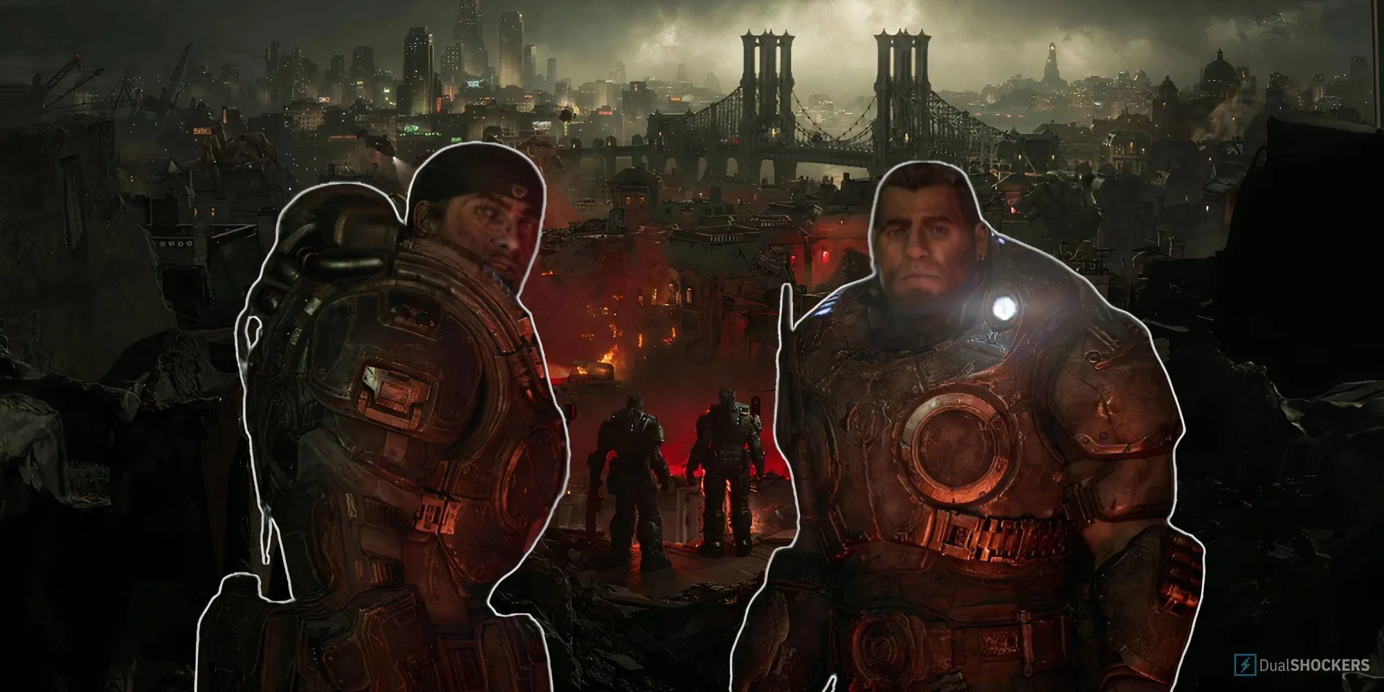 Marcus Fenix và Dominic Santiago nhìn về thành phố hoang tàn trong Gears of War E-Day