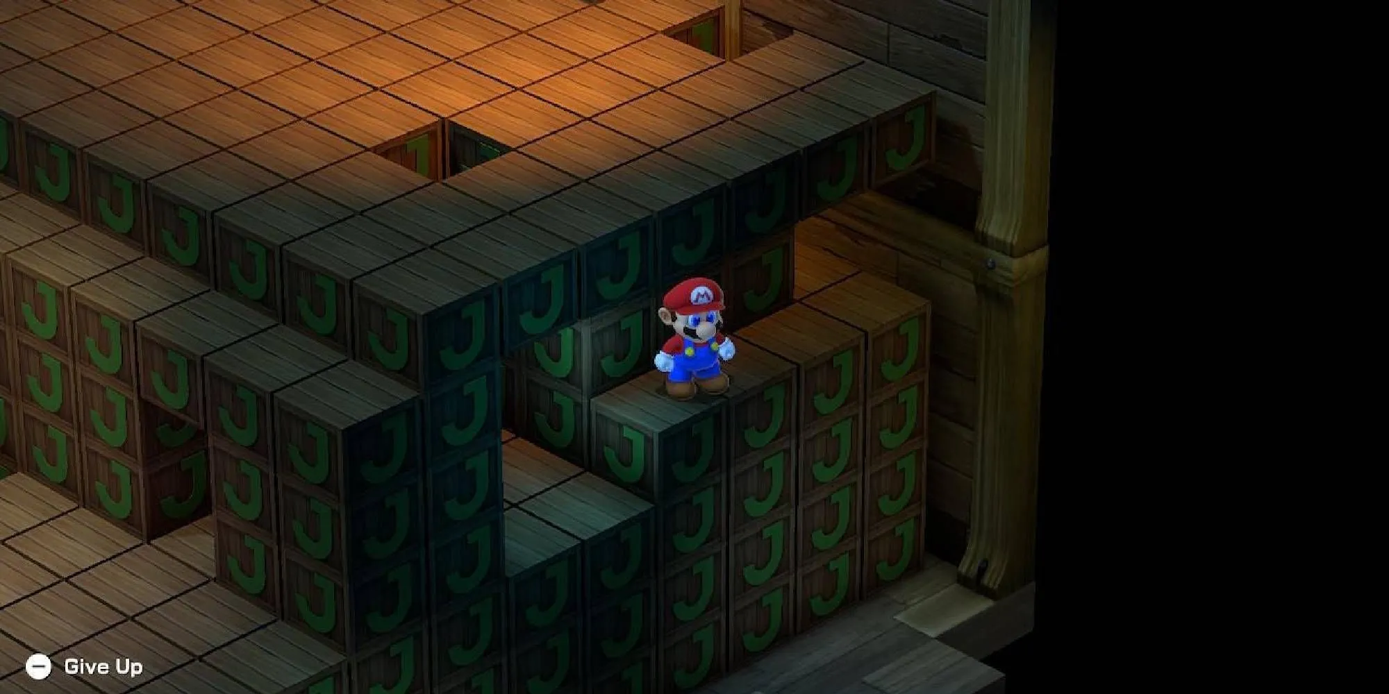 Mario lạc lối trong mê cung 3D dưới nước của Super Mario RPG với góc camera cố định