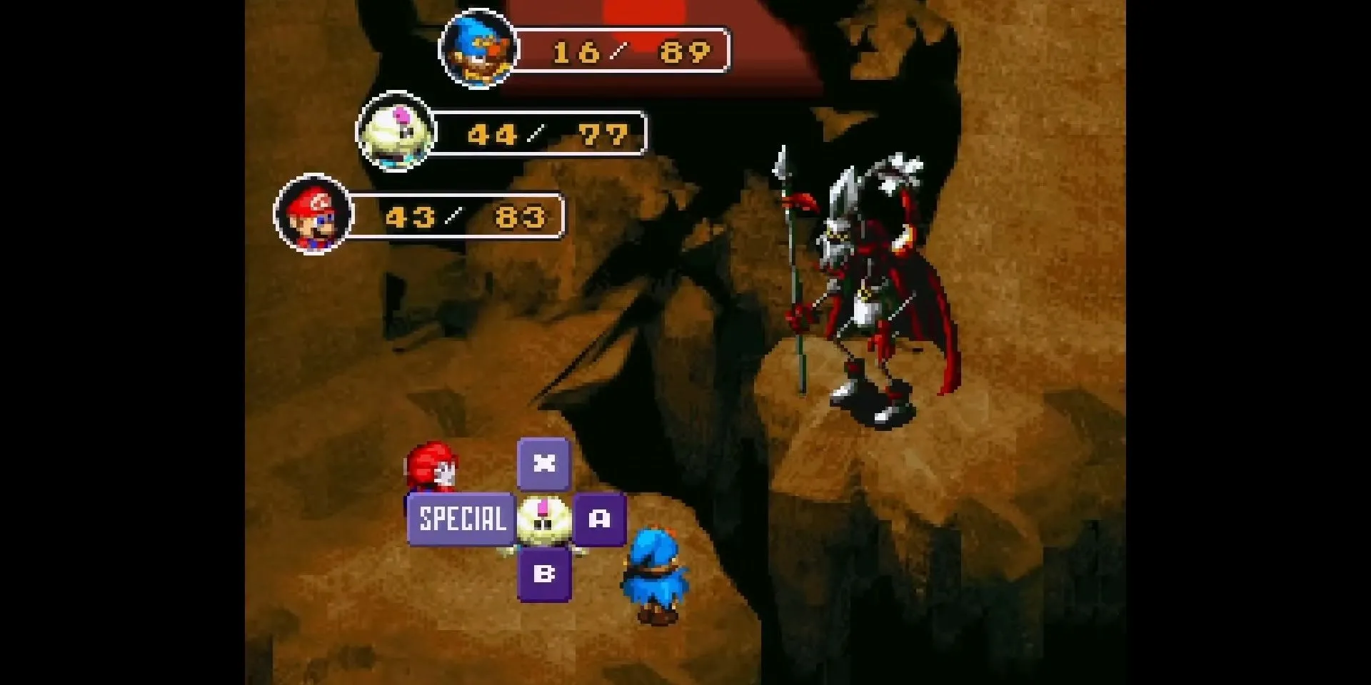 Mario và đồng đội chiến đấu với Yaridovich trong Super Mario RPG, phông nền trận đấu được dựng sẵn tỉ mỉ