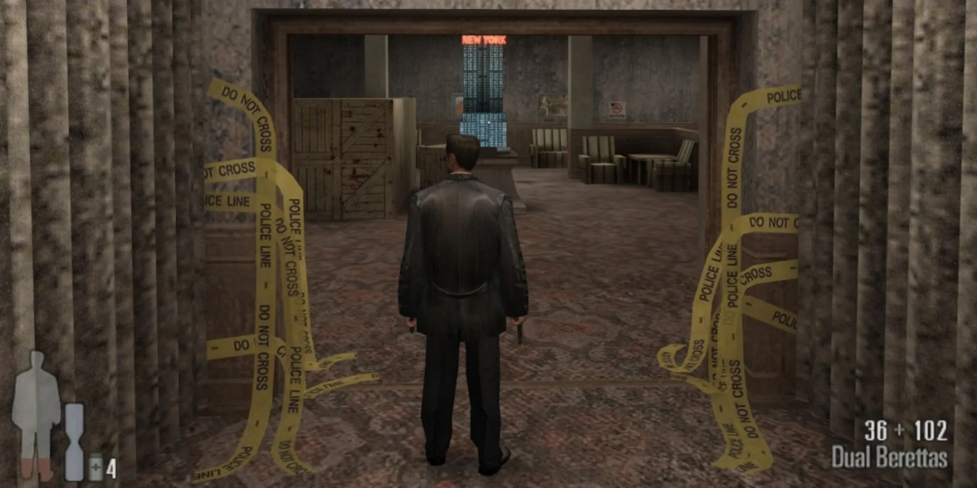 Max Payne đứng trong khách sạn với băng cảnh sát giăng xung quanh