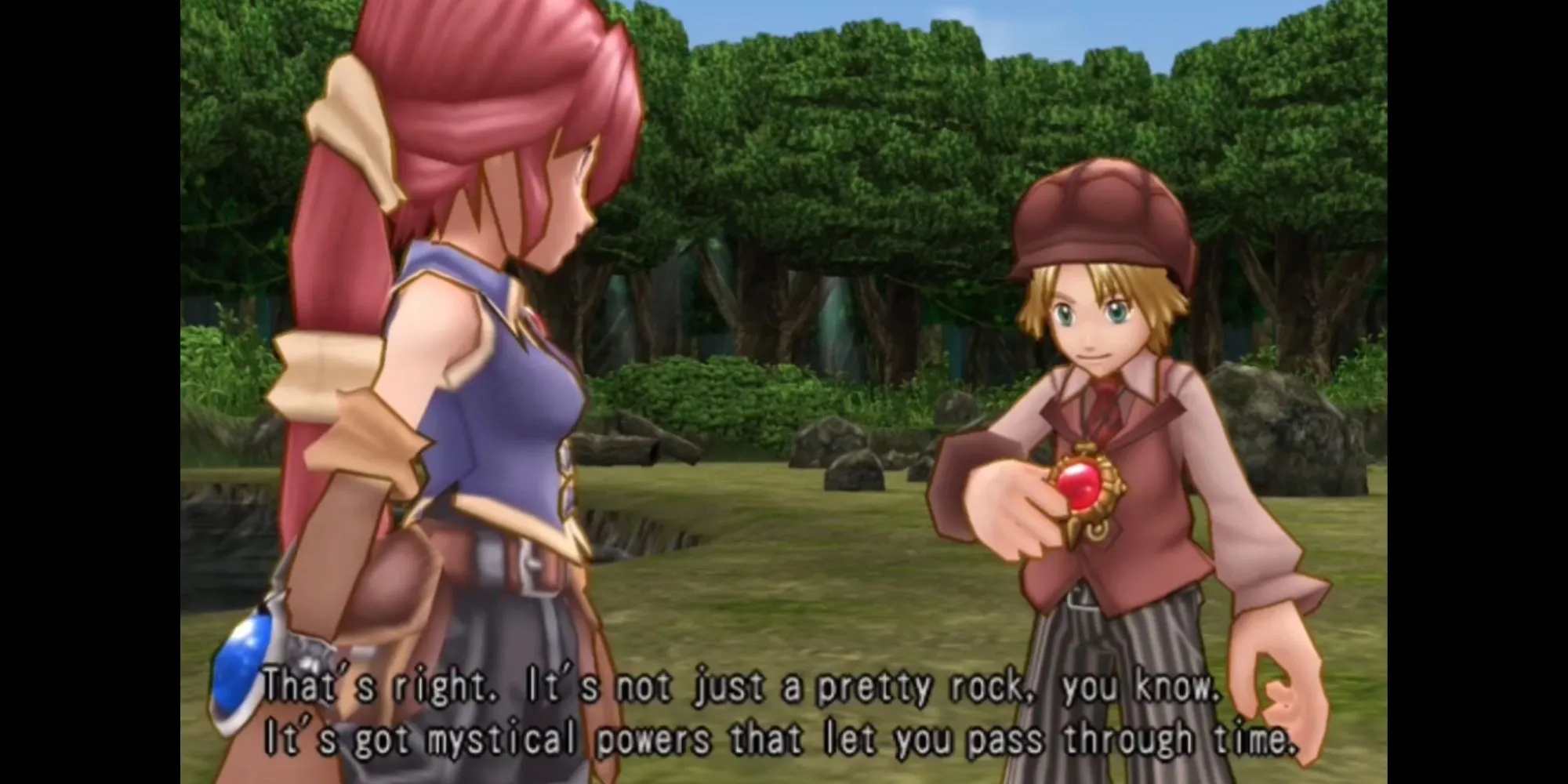 Max và Monica sử dụng đá Atlamilia để du hành thời gian trong Dark Cloud 2, một JRPG kết hợp xây dựng và phiêu lưu