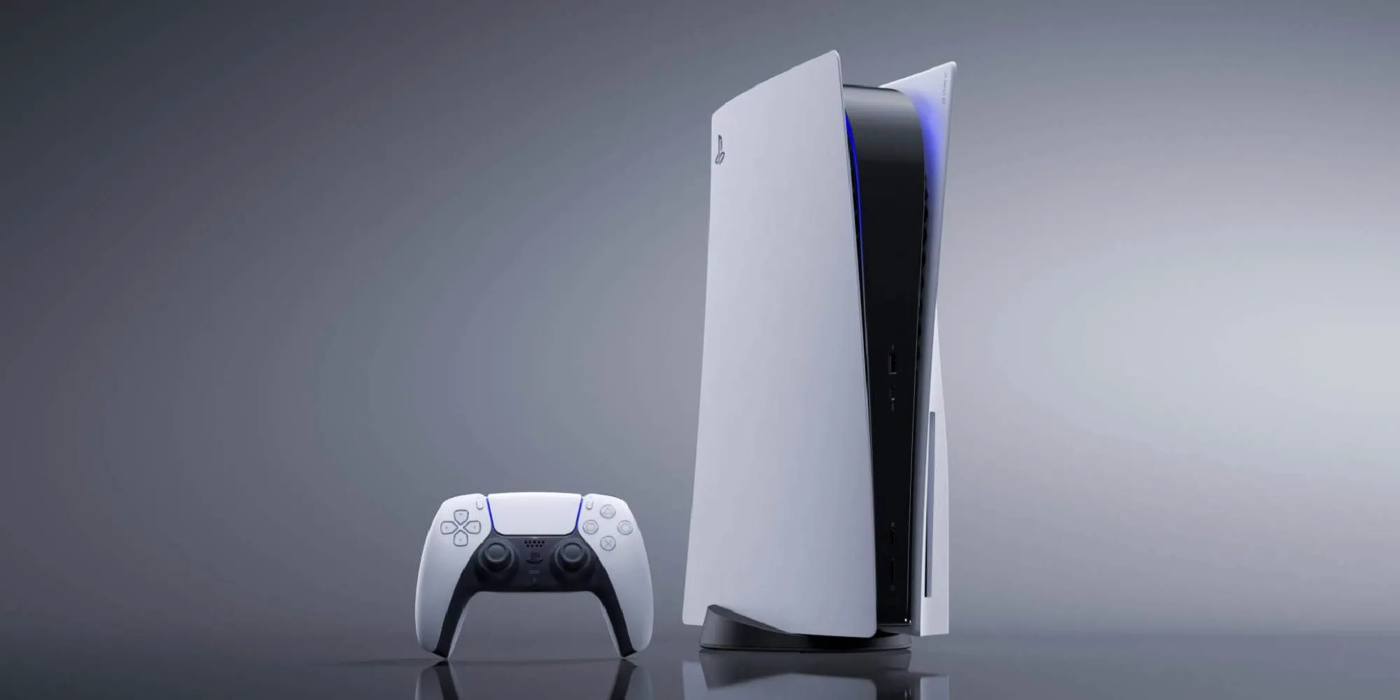 Máy chơi game PS5 và tay cầm DualSense Edge trên nền xám tối giản