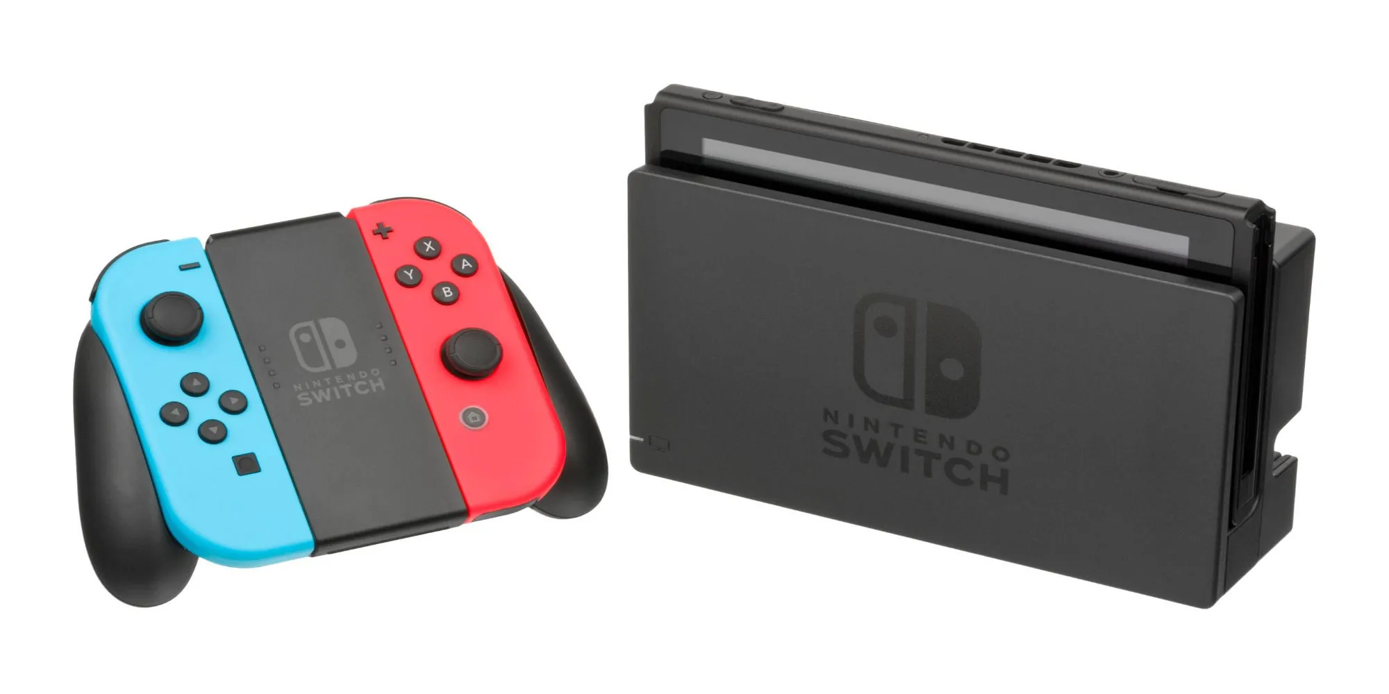 Máy Nintendo Switch với Joy-Con xanh đỏ và dock sạc trên nền trắng