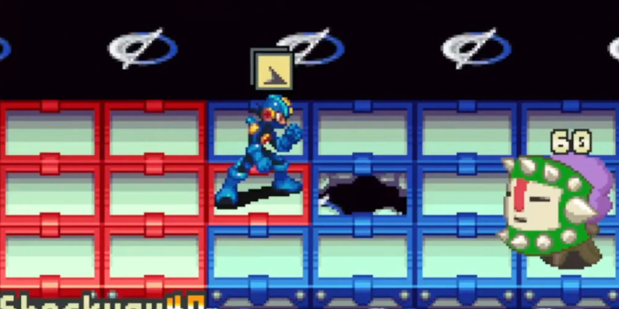 Mega Man.EXE chiến đấu với một virus trong Mega Man Battle Network 2, thể hiện giao diện chiến đấu theo ô lưới đặc trưng của series.