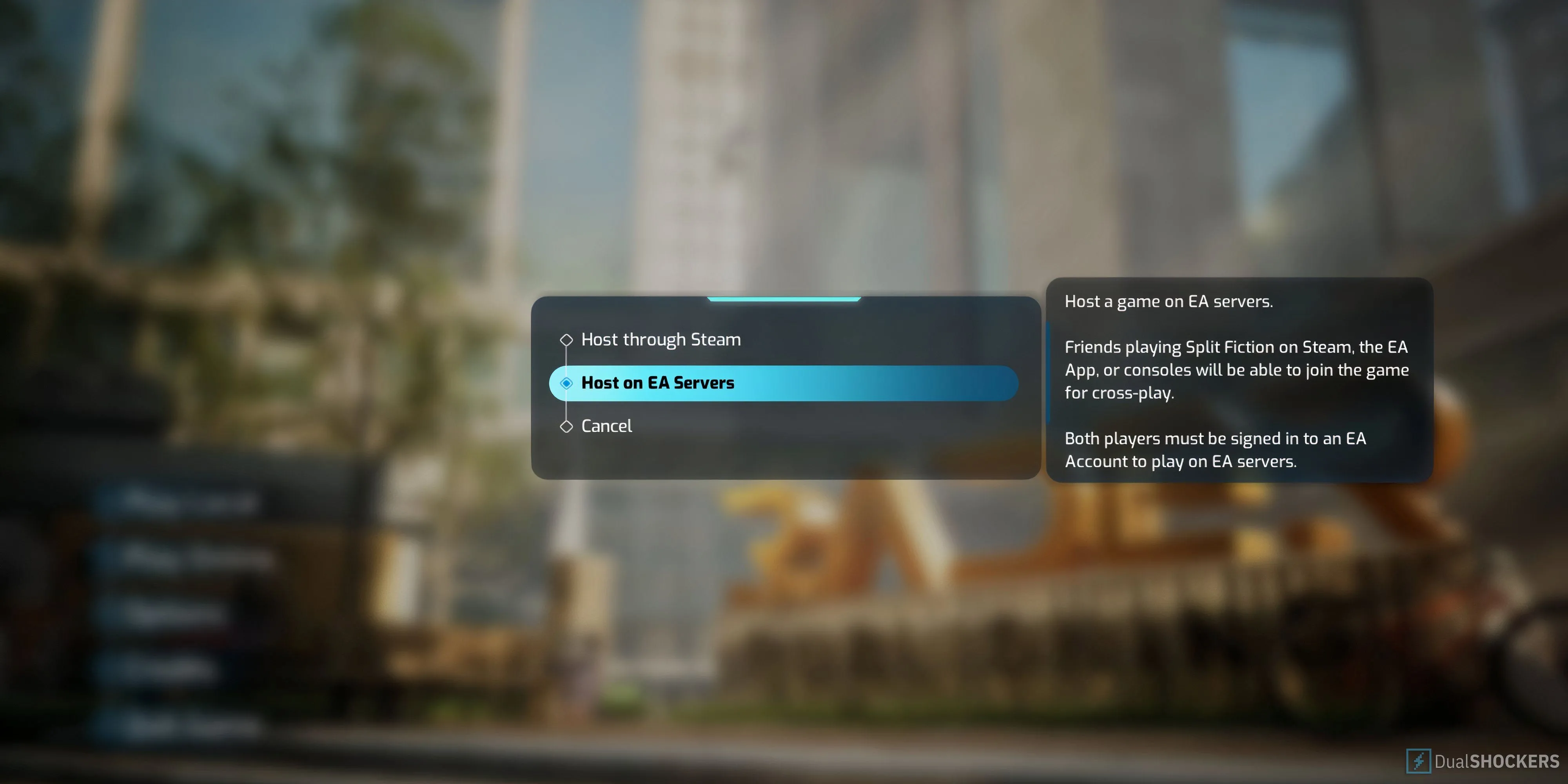 Menu kết nối trong Split Fiction, cho phép chơi co-op online đa nền tảng thông qua máy chủ EA.