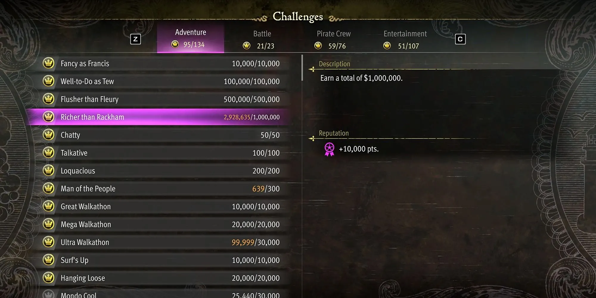 Menu Thử Thách (Challenges) trong Like A Dragon Pirate Yakuza với các mục tiêu khác nhau để tăng Danh Vọng