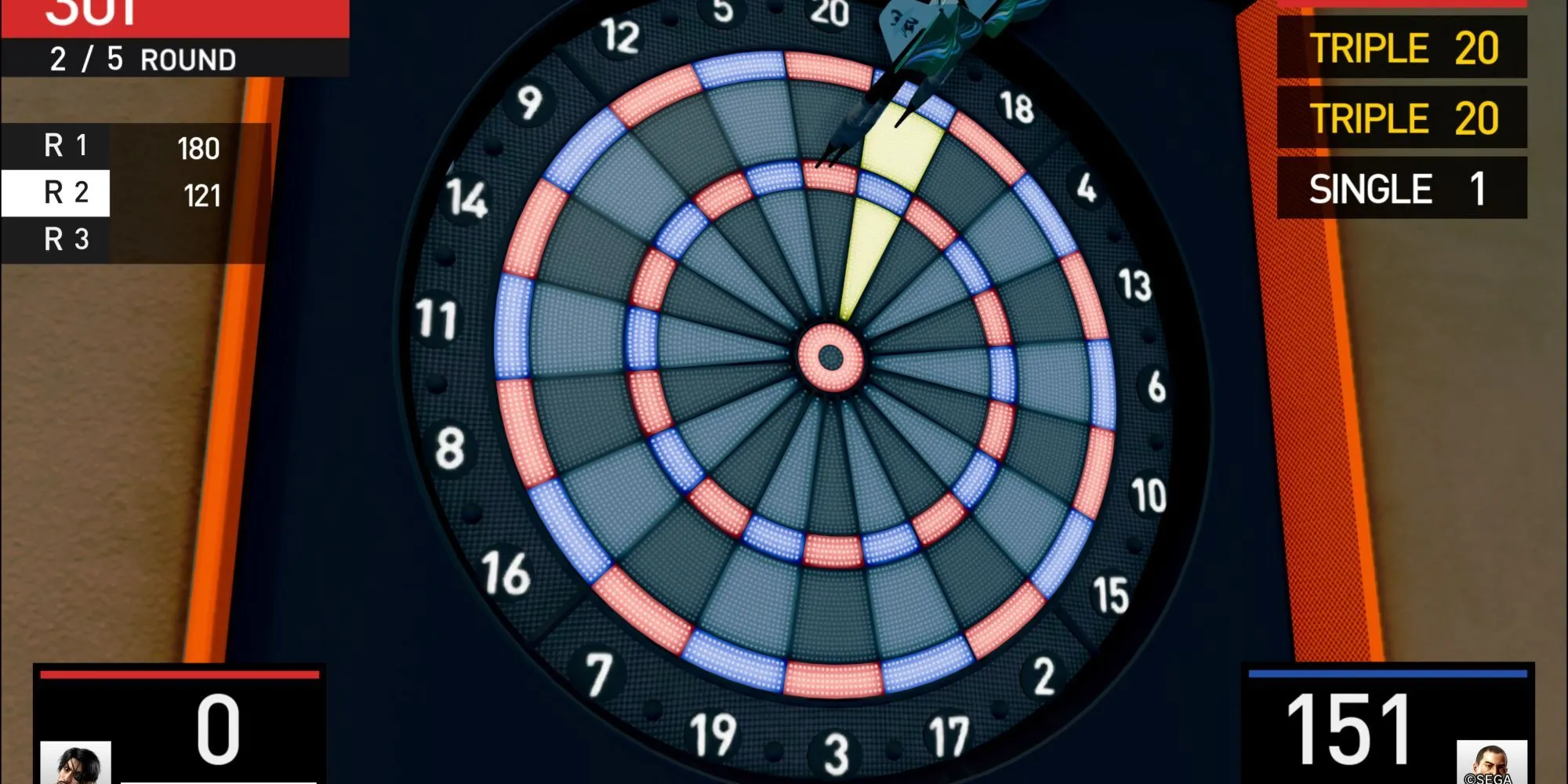 Minh họa cách nhắm phi tiêu vào ô triple 20 trong mini game Darts Pirate Yakuza