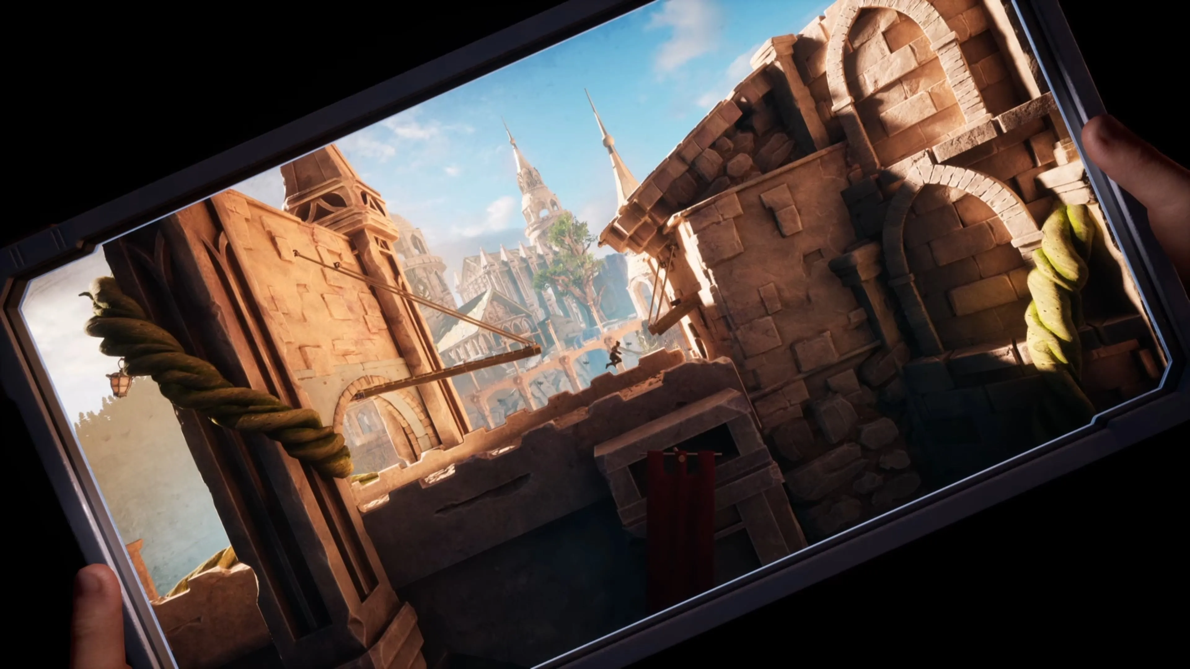 Mio nghiêng máy tính bảng để tạo đường đi cho Zoe trong game Split Fiction