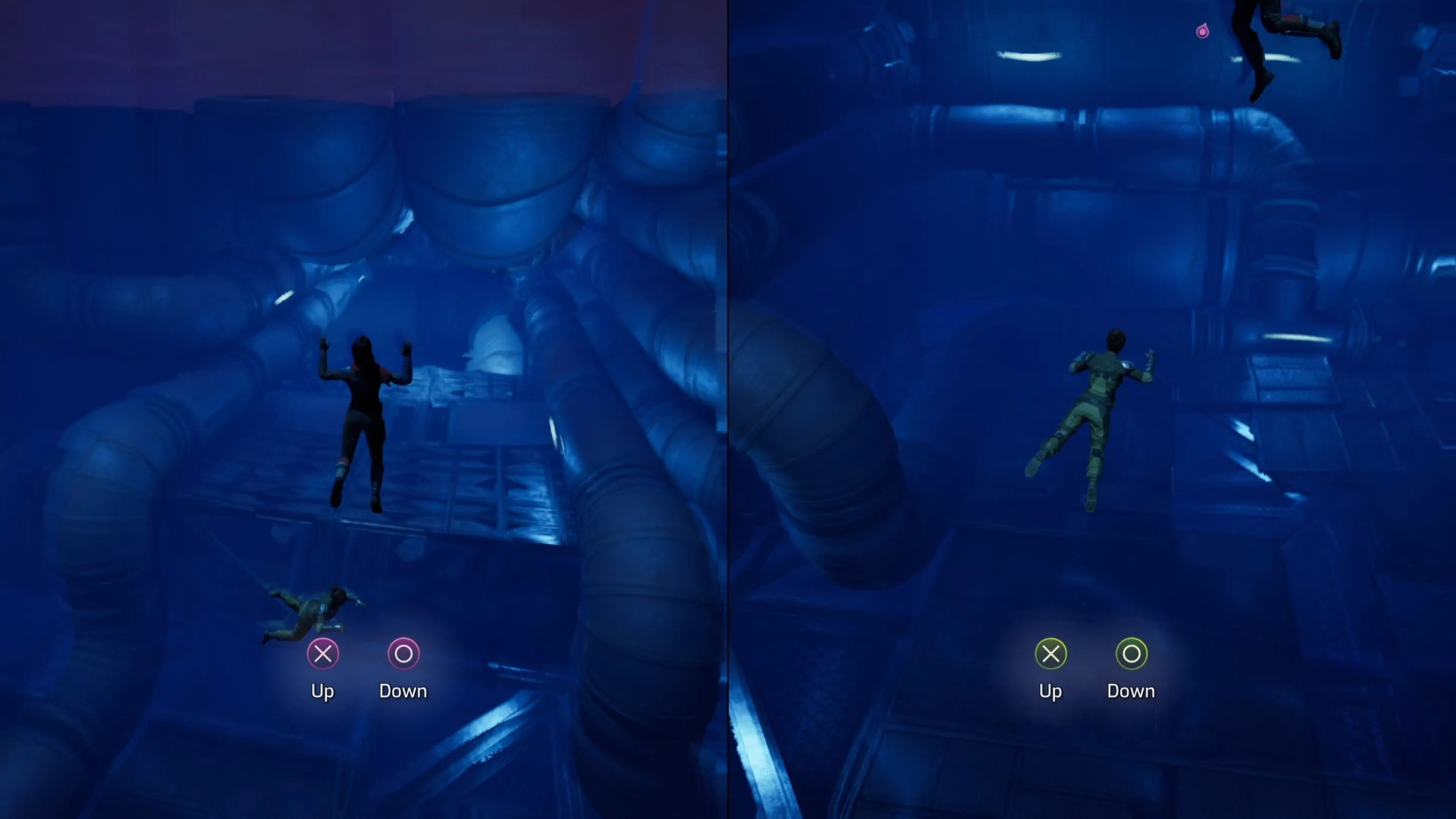 Mio và Zoe bơi dưới nước tìm đường thoát trong game Split Fiction
