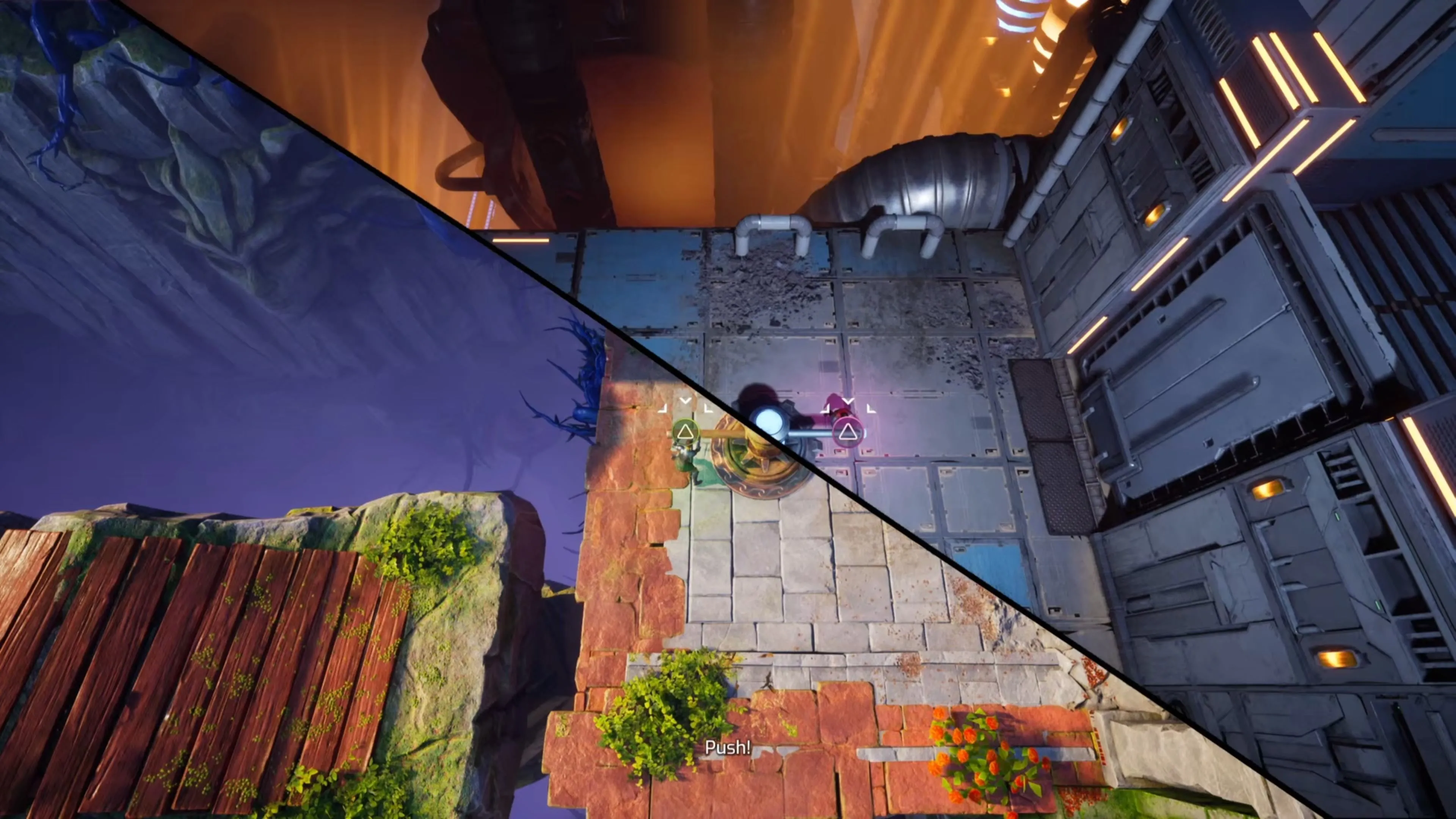 Mio và Zoe cùng nhau xoay một cần gạt lớn trong game Split Fiction