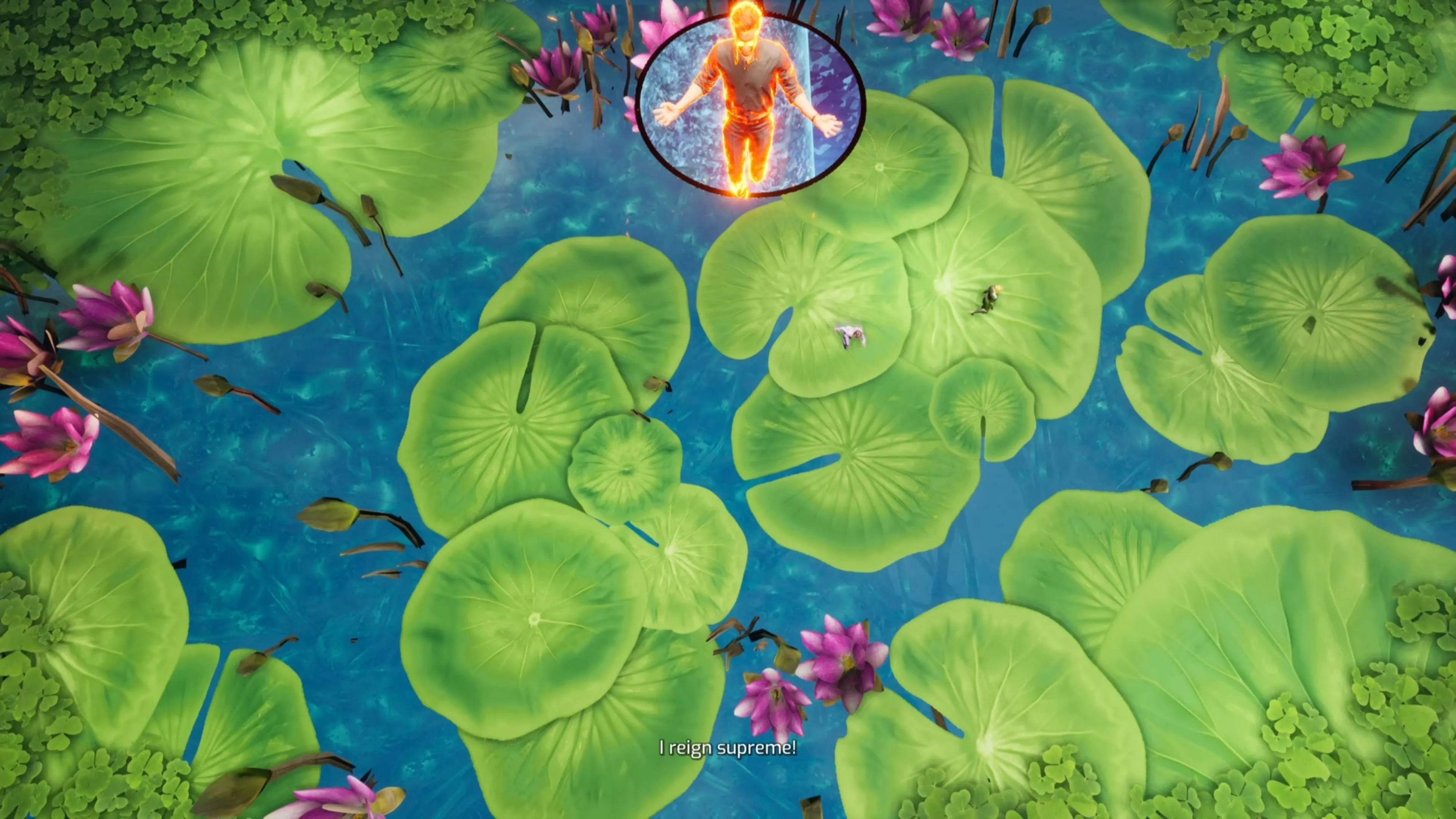 Mio và Zoe di chuyển trên các lá súng nổi trên mặt nước trong game Split Fiction