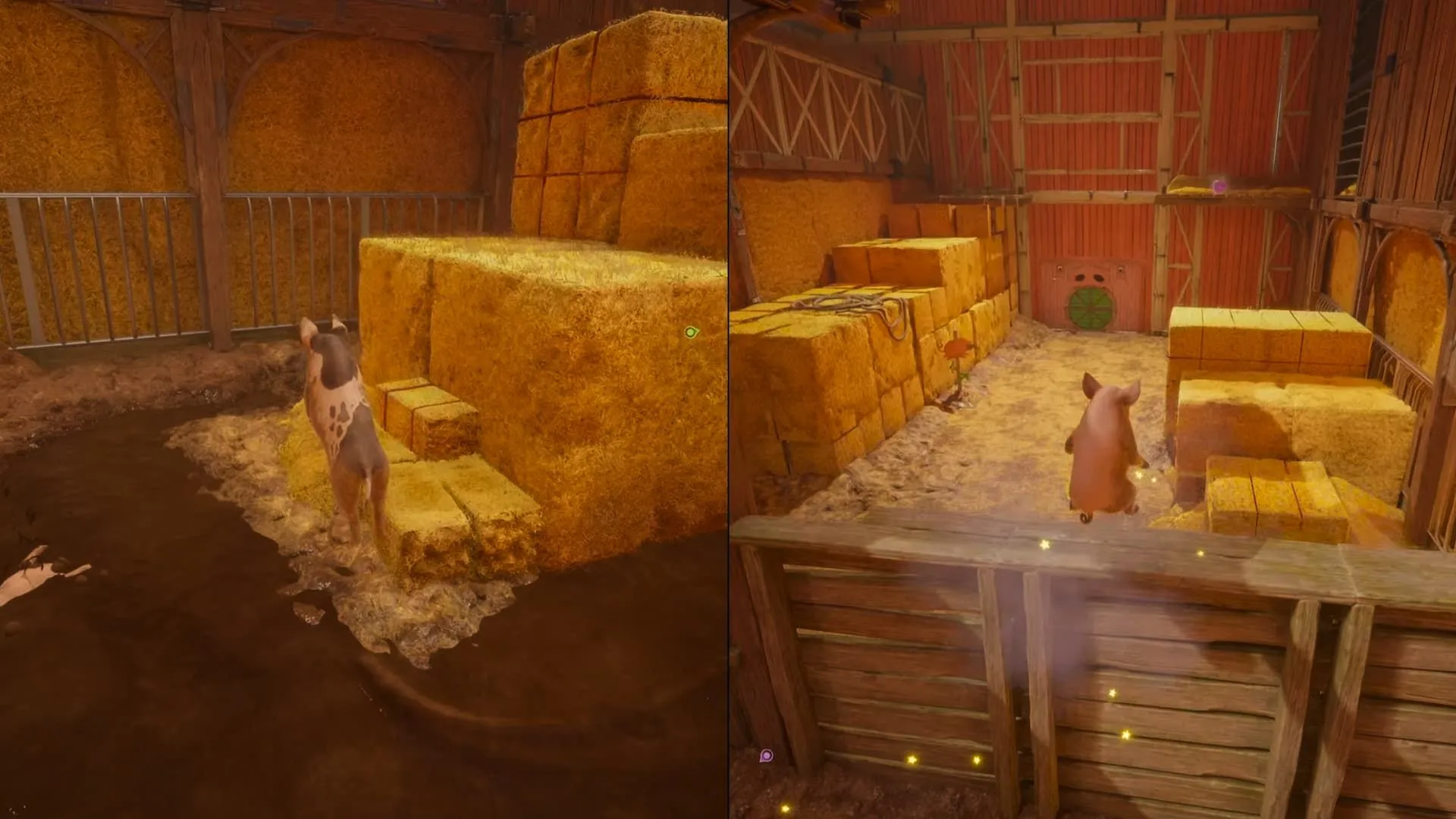 Mio và Zoe hóa lợn trong màn Farmlife Split Fiction đang ở bên trong chuồng ngựa