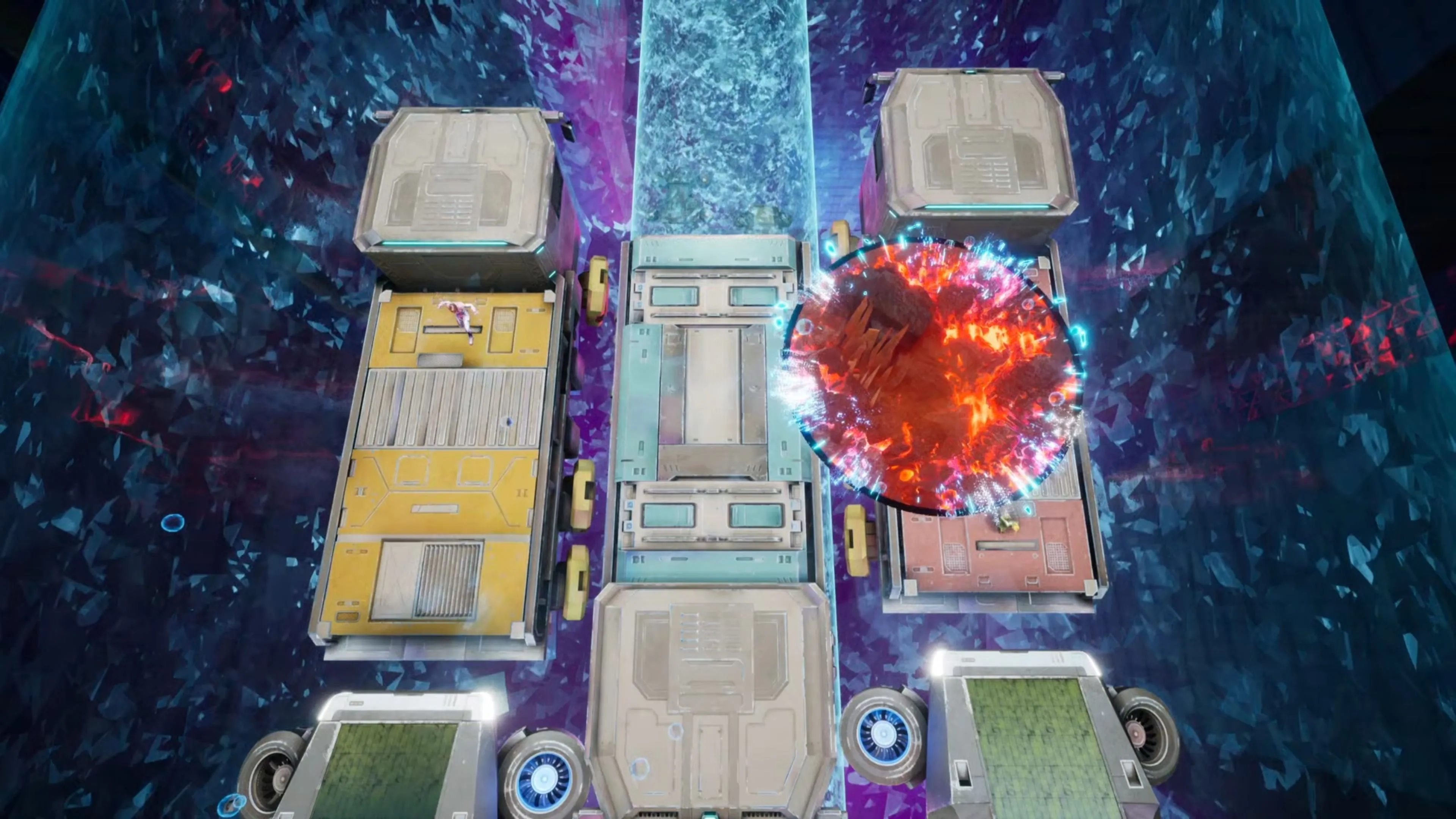 Mio và Zoe nhảy qua các xe tải không gian trong game Split Fiction