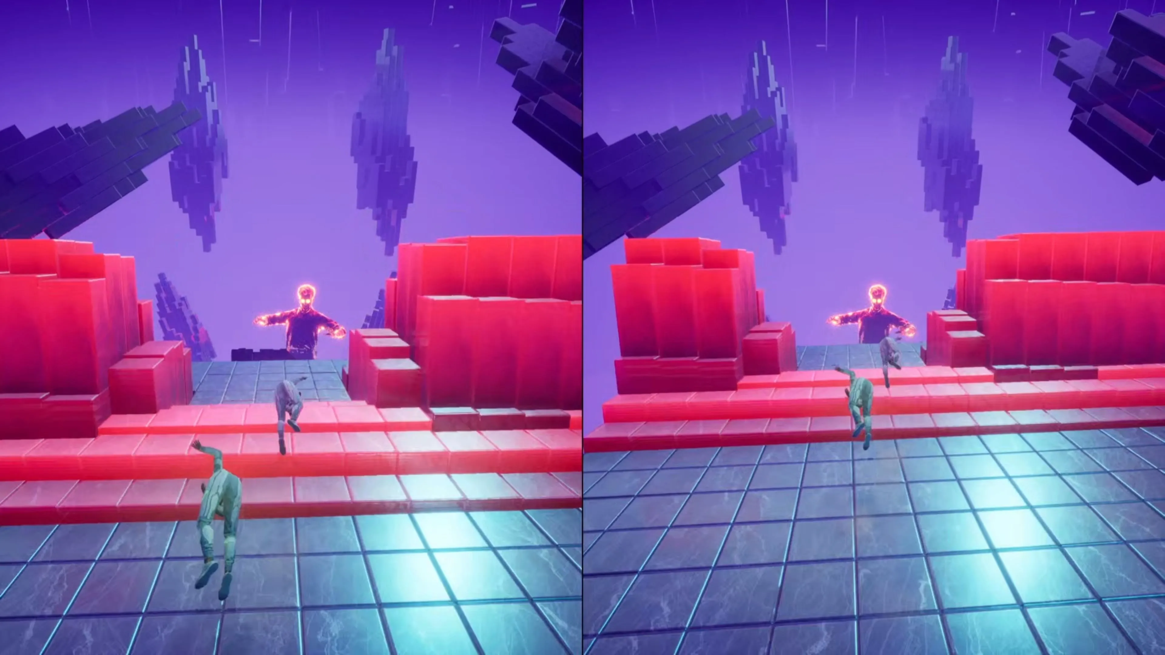 Mio và Zoe trượt trên đường ray né tránh các đòn tấn công của Rader trong game Split Fiction