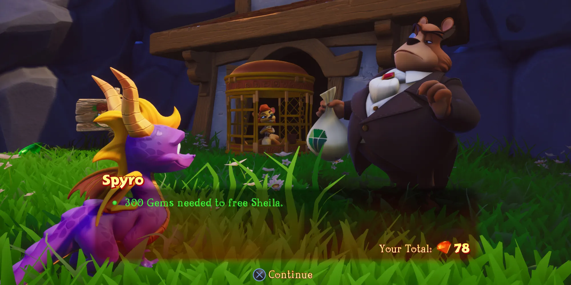 Moneybags, một con gấu mặc áo choàng đỏ và cầm túi tiền, trong game Spyro Reignited Trilogy