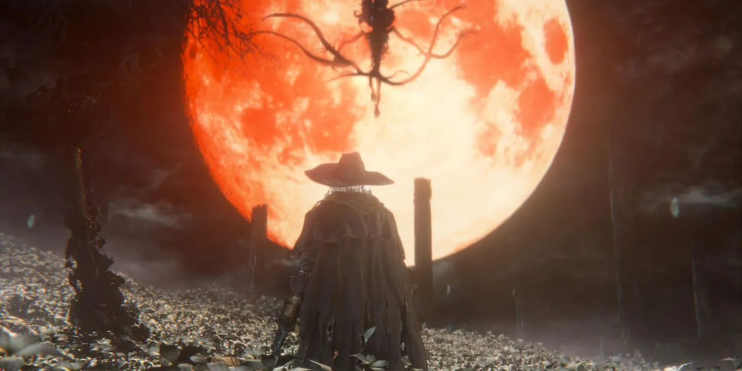 Một cảnh chiến đấu trong Bloodborne với kiến trúc Gothic đặc trưng