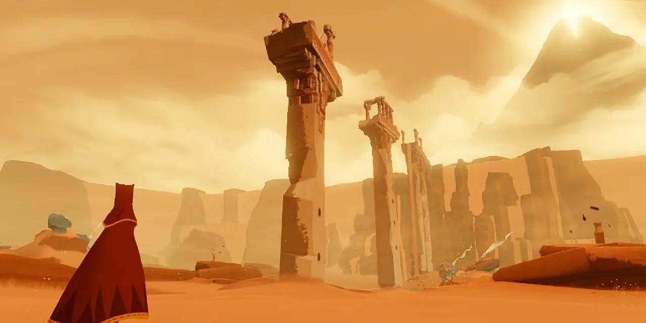 Một cảnh gameplay từ game Journey cho thấy hai nhân vật mặc áo choàng đỏ đi trên sa mạc rộng lớn