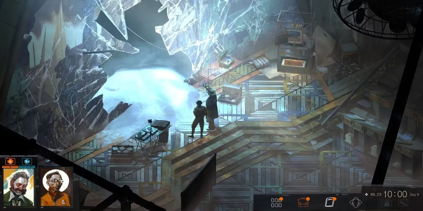 Một cảnh trong game Disco Elysium với nhân vật chính đang đối thoại trong một căn phòng bừa bộn