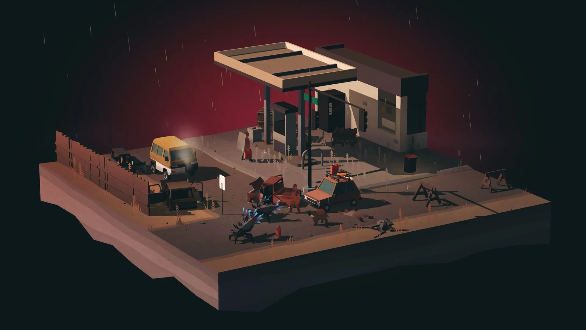 Một cảnh trong game Overland với chiếc xe và các nhân vật đang đối mặt với quái vật