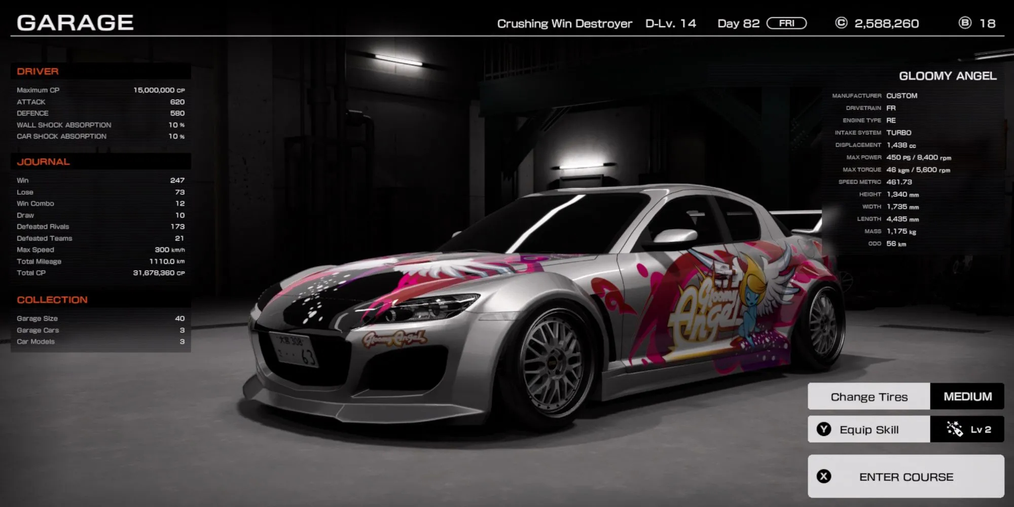 Một chiếc xe đua màu xanh dương với dòng chữ "Gloomy Angel" trên kính chắn gió trong game Tokyo Xtreme Racer