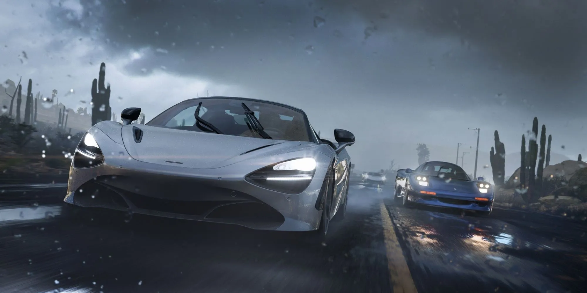 Một chiếc xe đua trong Forza Horizon 5 giữa cơn bão cát, minh họa đồ họa nâng cao trên PS5 Pro