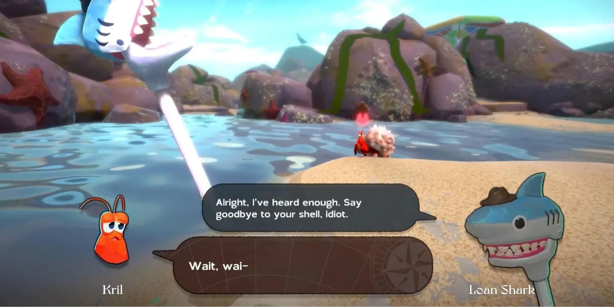 Một con cá mập mặc vest đang đứng cạnh một quầy hàng trong game Another Crab's Treasure