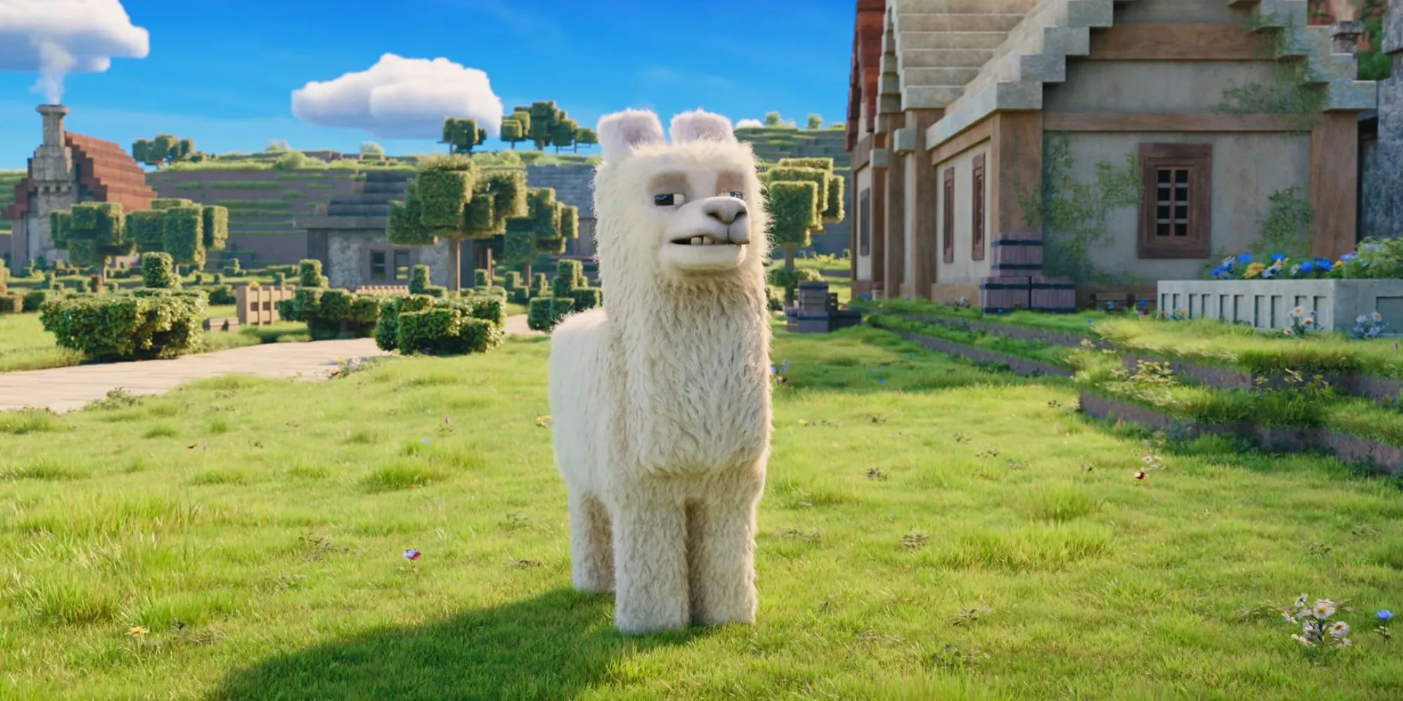 Một con lạc đà không bướu CGI từ phim Minecraft.