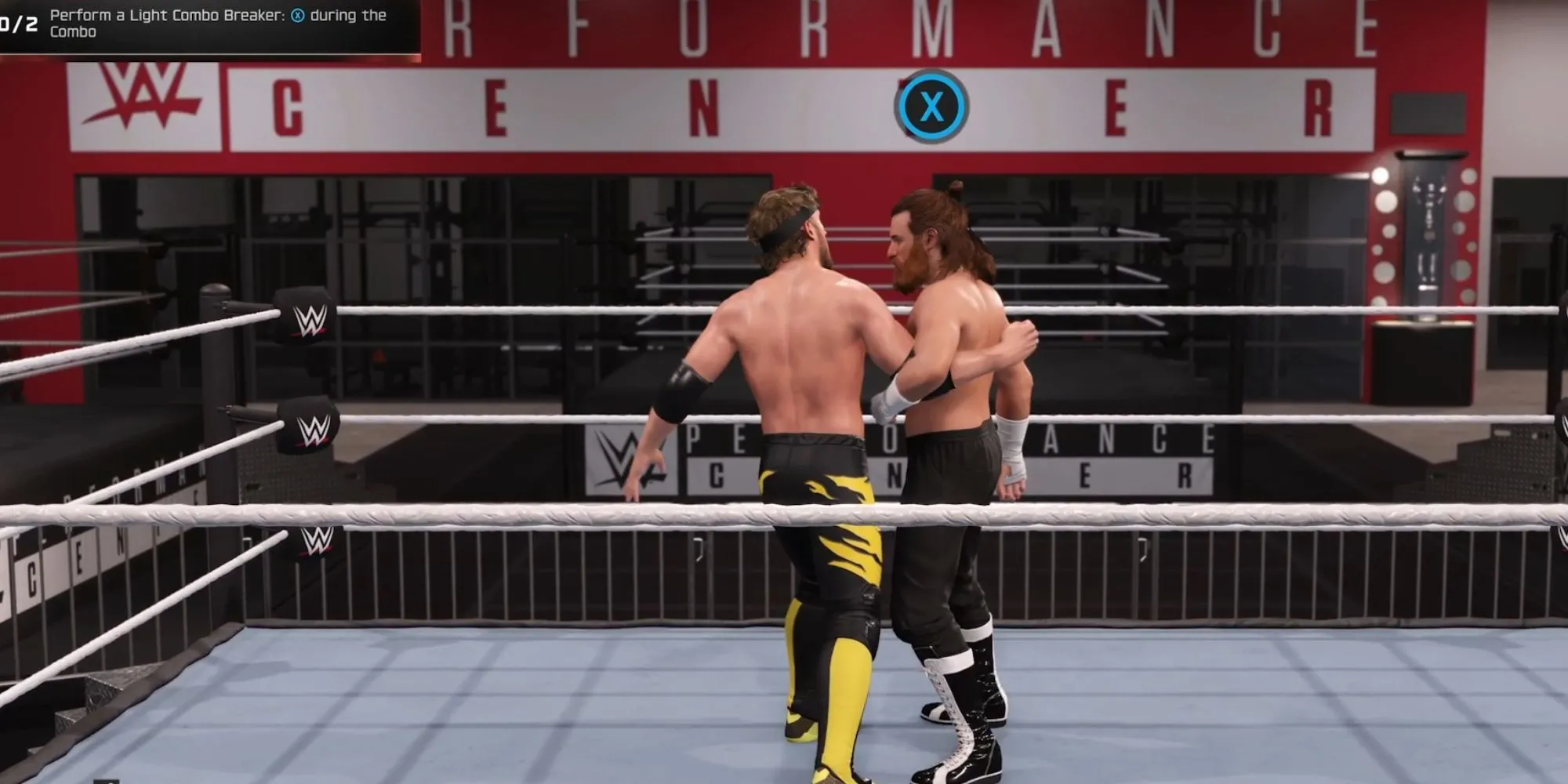 Một đô vật thực hiện kỹ thuật Breaker để phá combo của đối thủ trong WWE 2K25
