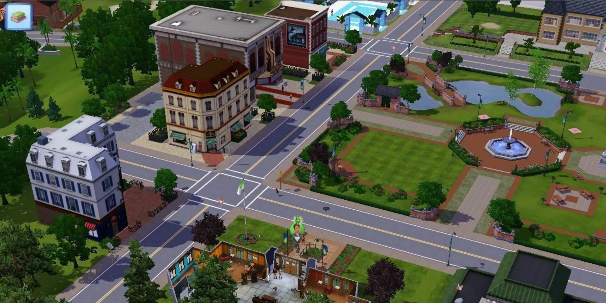 Một góc nhìn thị trấn trong The Sims 3 với Sim của người chơi được làm nổi bật