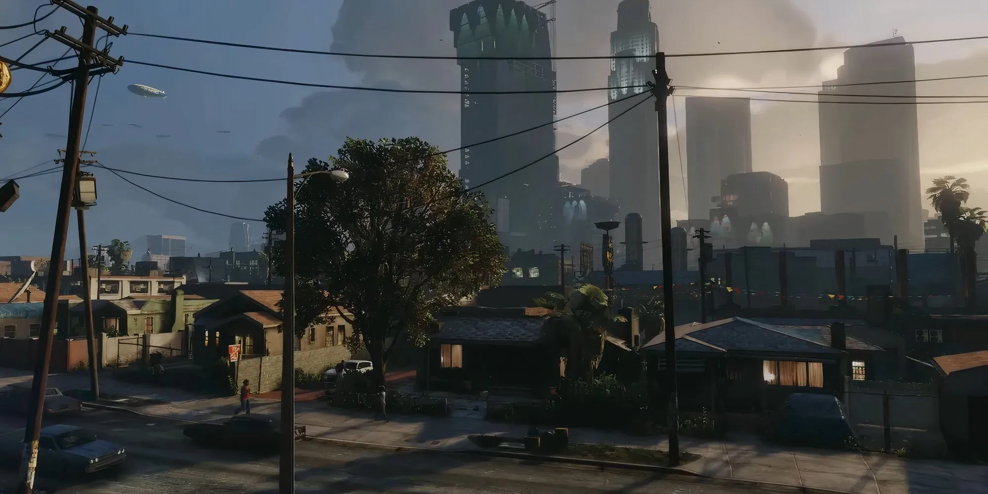 Một góc nhìn từ trên cao xuống thành phố Los Santos trong GTA V với những con đường và tòa nhà