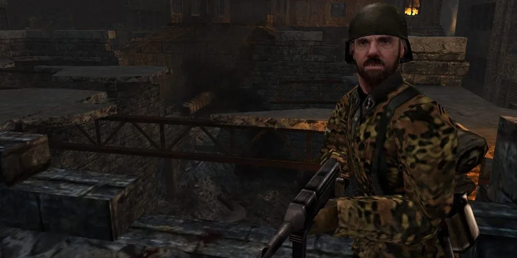 Một người lính trong game Return to Castle Wolfenstein với bối cảnh u ám