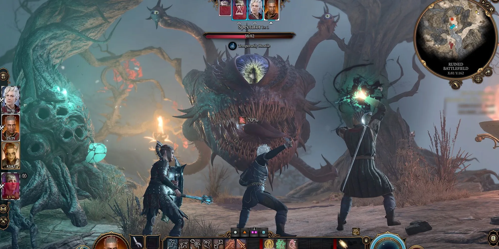 Một nhóm nhân vật chiến đấu trong một hang động tối tăm trong Baldur's Gate 3