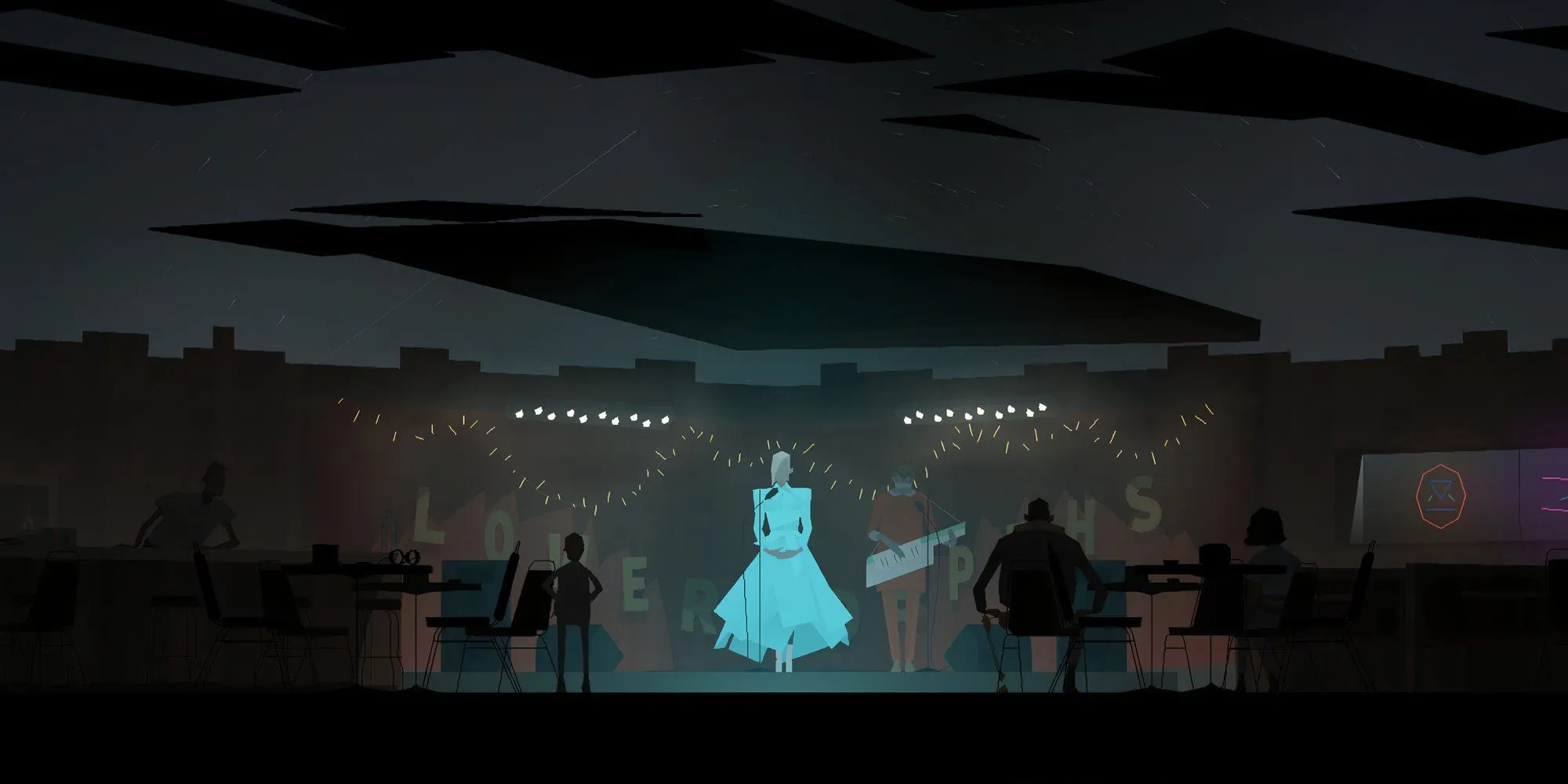 Một nữ ca sĩ đang biểu diễn trên sân khấu trong thế giới mở của Kentucky Route Zero