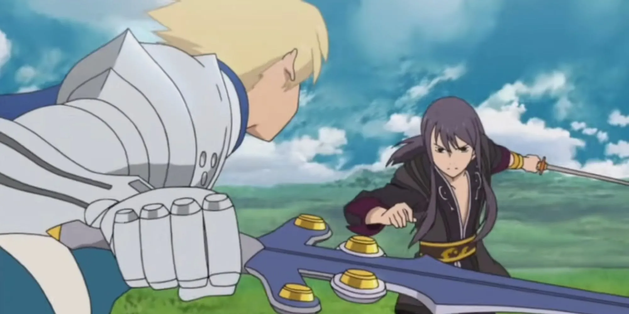 Một phân cảnh anime cutscene từ Tales of Vesperia, thể hiện Yuri Lowell và các đồng đội.