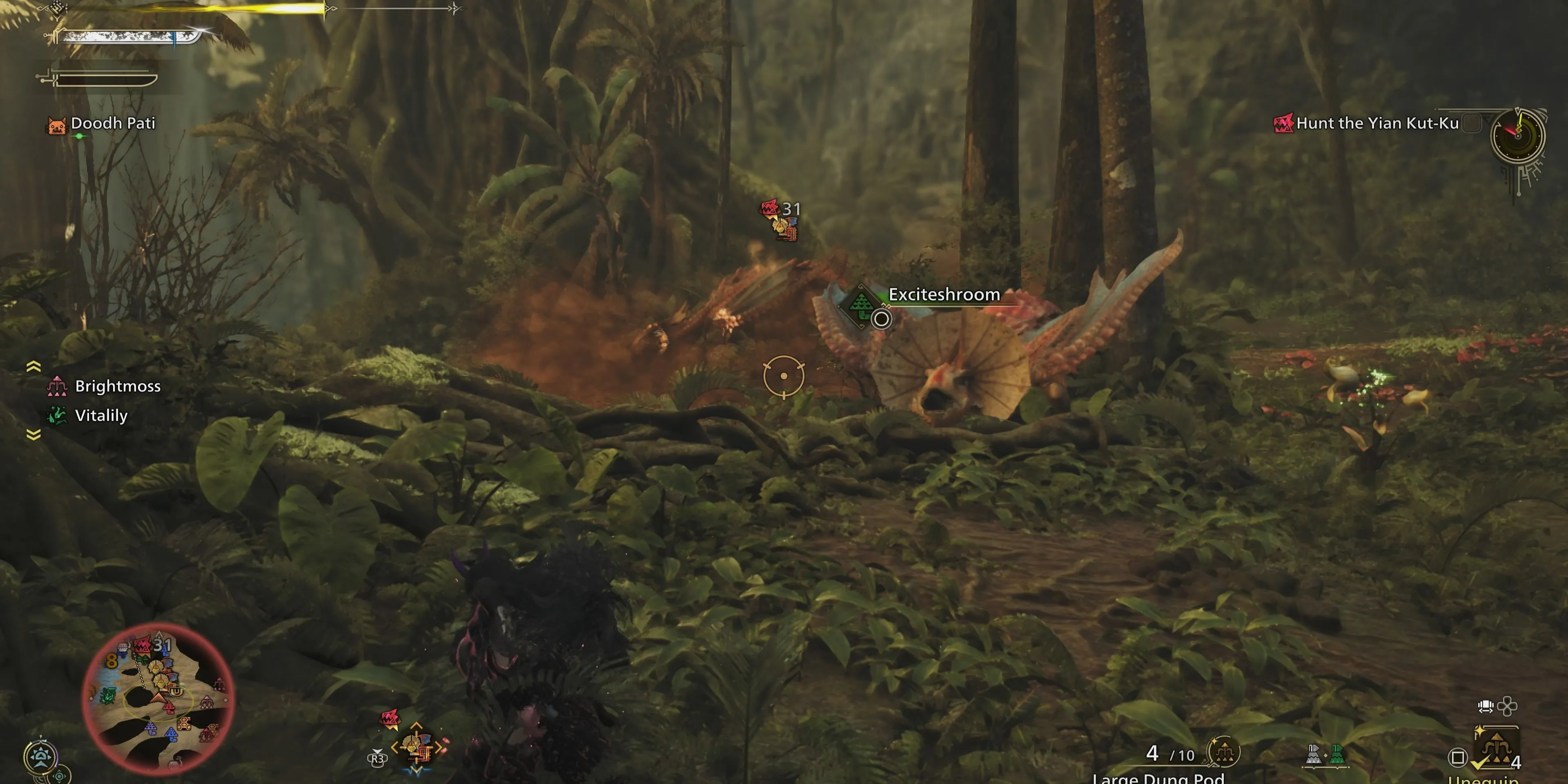 Một thợ săn đang sử dụng Large Dung Pod lên Yian Kut-Ku trong Monster Hunter Wilds để giải tán bầy