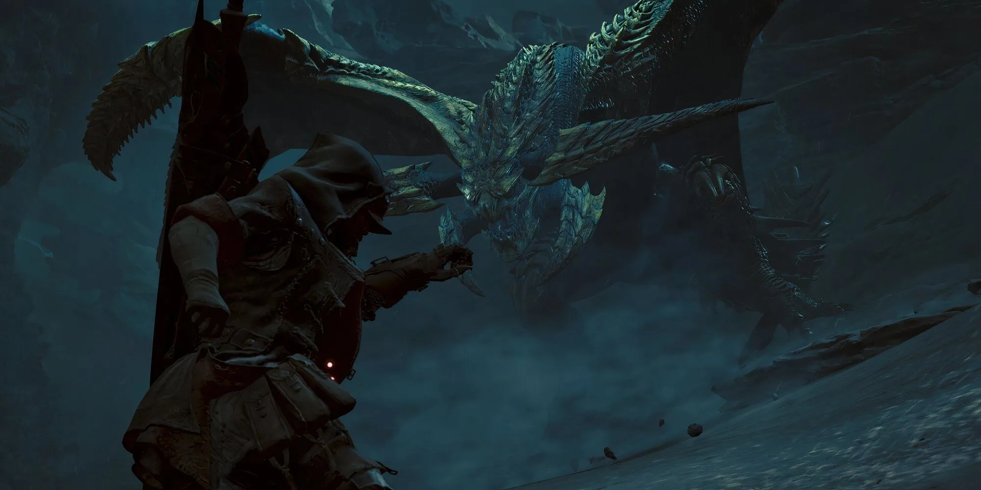 Một thợ săn trong Monster Hunter Wilds đang chiến đấu với quái vật hùng vĩ