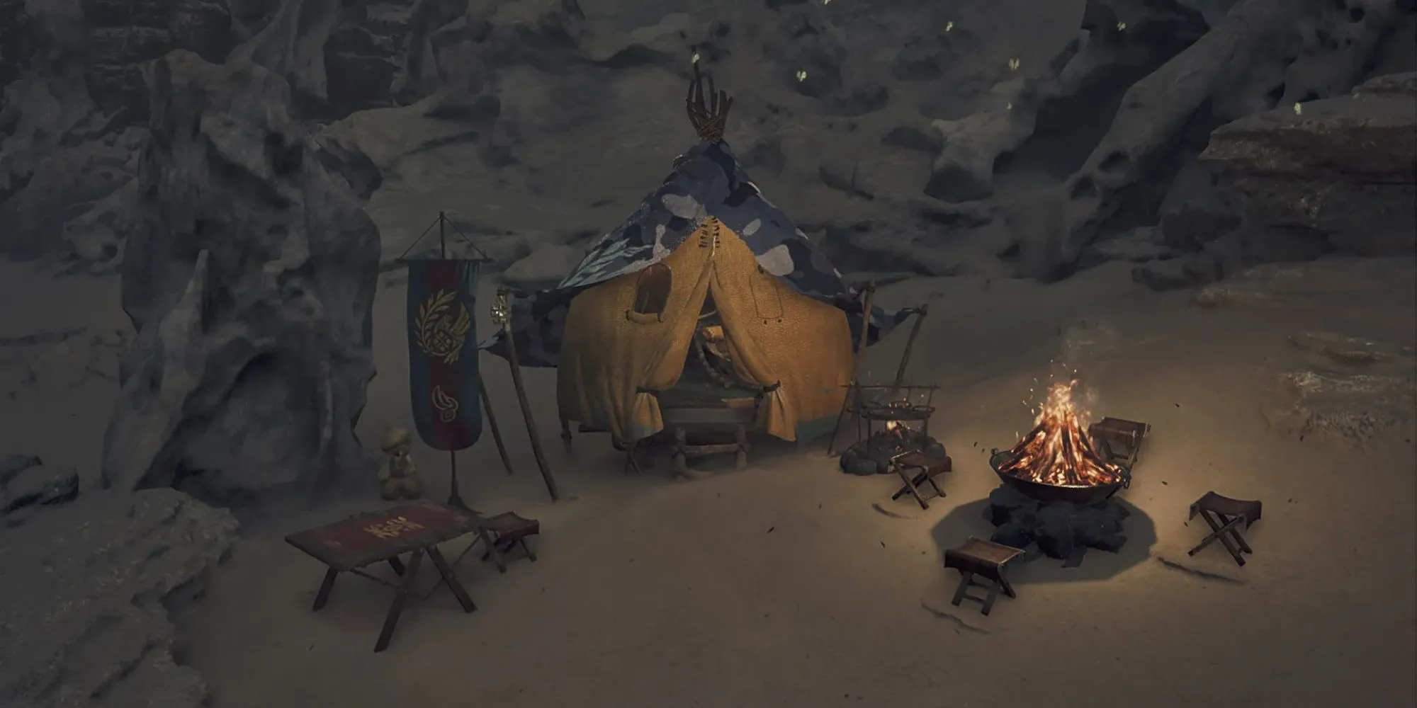 Một Trại Pop-up của người chơi trong Monster Hunter Wilds, thể hiện khu vực cắm trại và lều.