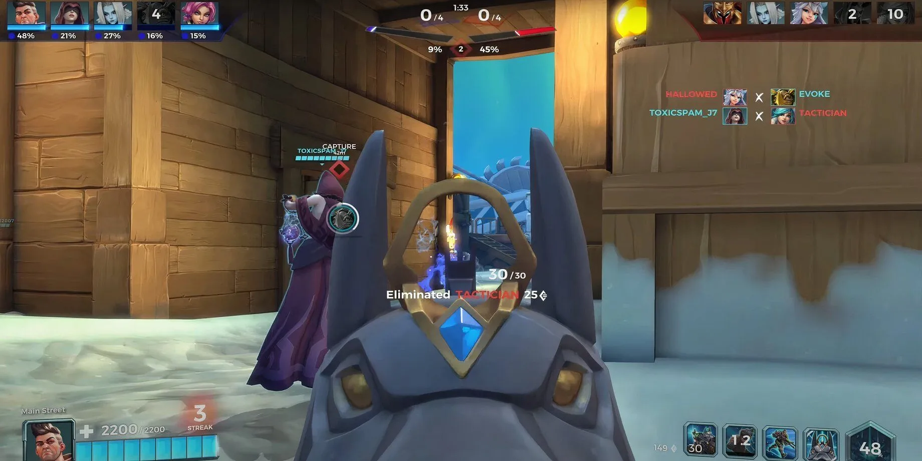 Một trận chiến sôi động trong Paladins với các Champion sử dụng kỹ năng đặc trưng