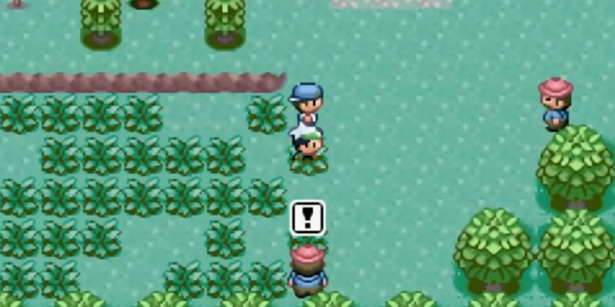 Một trận đấu Pokémon trong Pokémon Emerald, nơi huấn luyện viên đối đầu với một huấn luyện viên khác trên GBA.