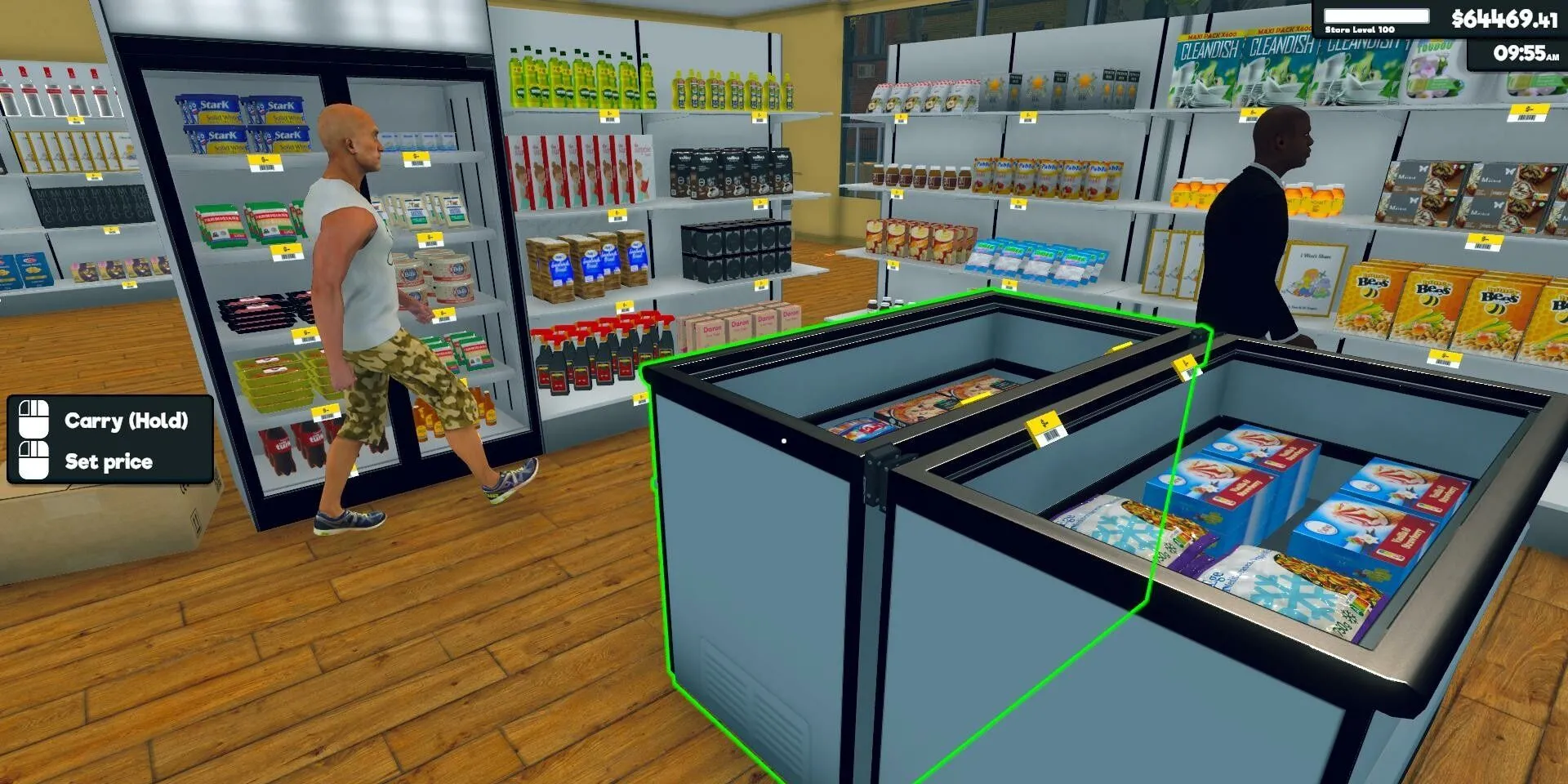 Người chơi đang sắp xếp hàng hóa và tủ mát trong Supermarket Simulator
