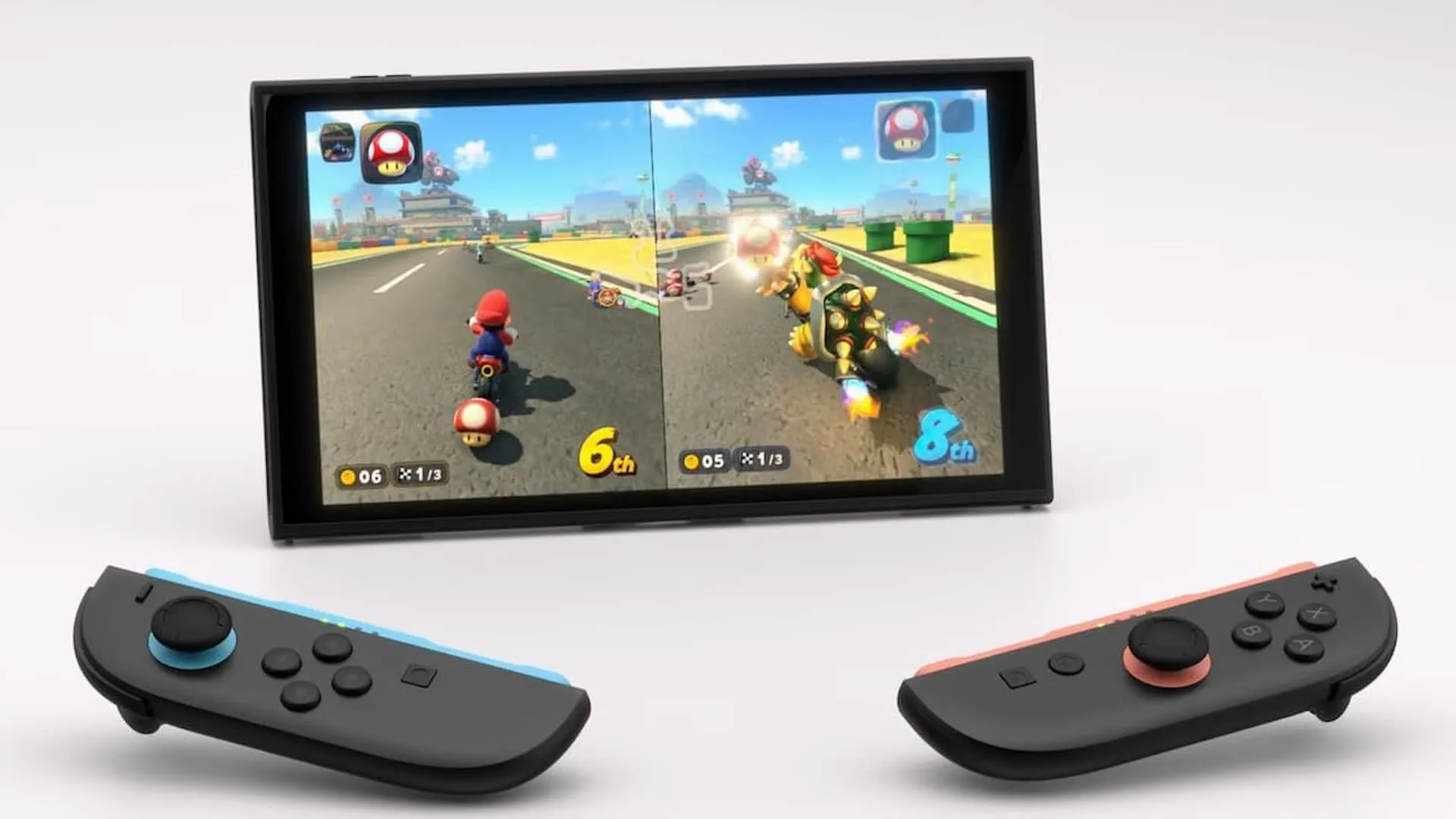 Người chơi sử dụng Joy-Con kép chơi Mario Kart trên concept Nintendo Switch 2