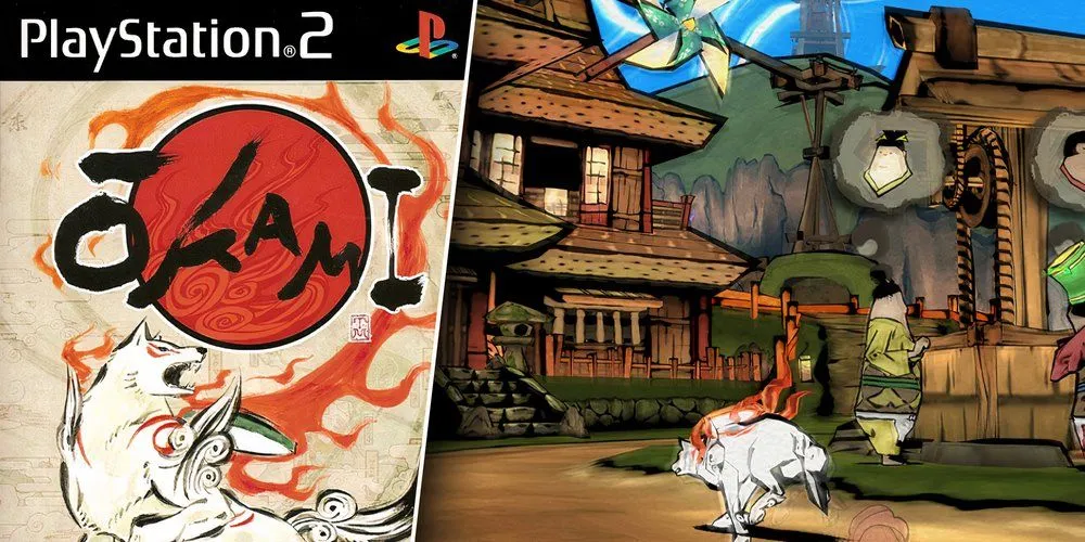 Nhân vật Amaterasu dạng sói trắng trong game Okami PS2 với đồ họa cel-shading độc đáo