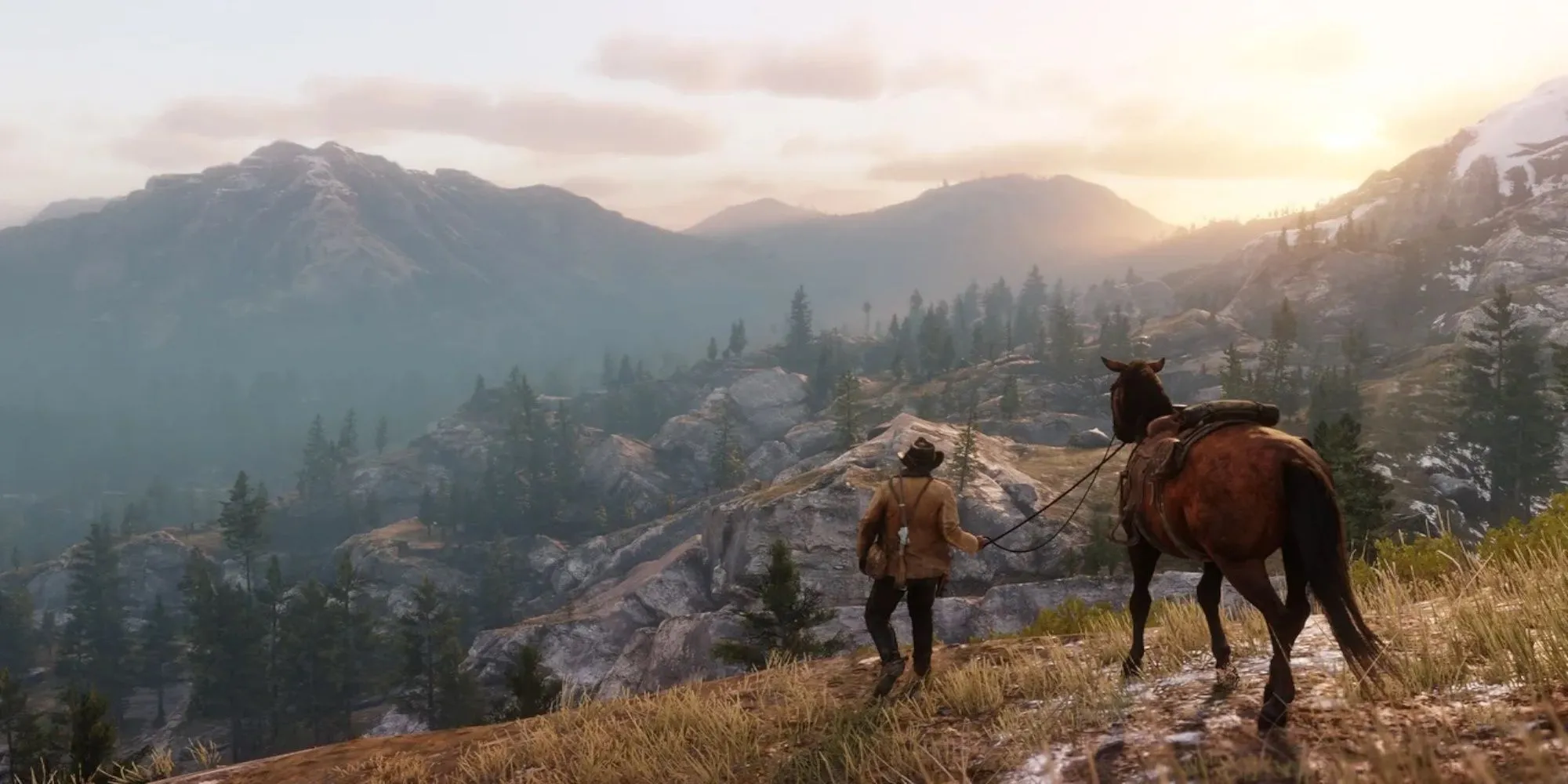 Nhân vật Arthur Morgan trong Red Dead Redemption 2 cưỡi ngựa qua một cánh đồng rộng lớn