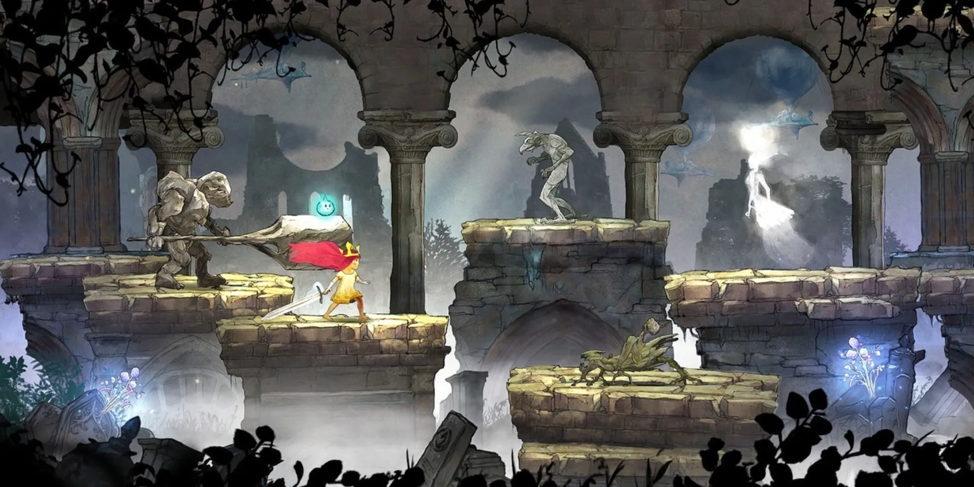 Nhân vật Aurora chiến đấu trong game Child of Light với đồ họa vẽ tay đặc sắc