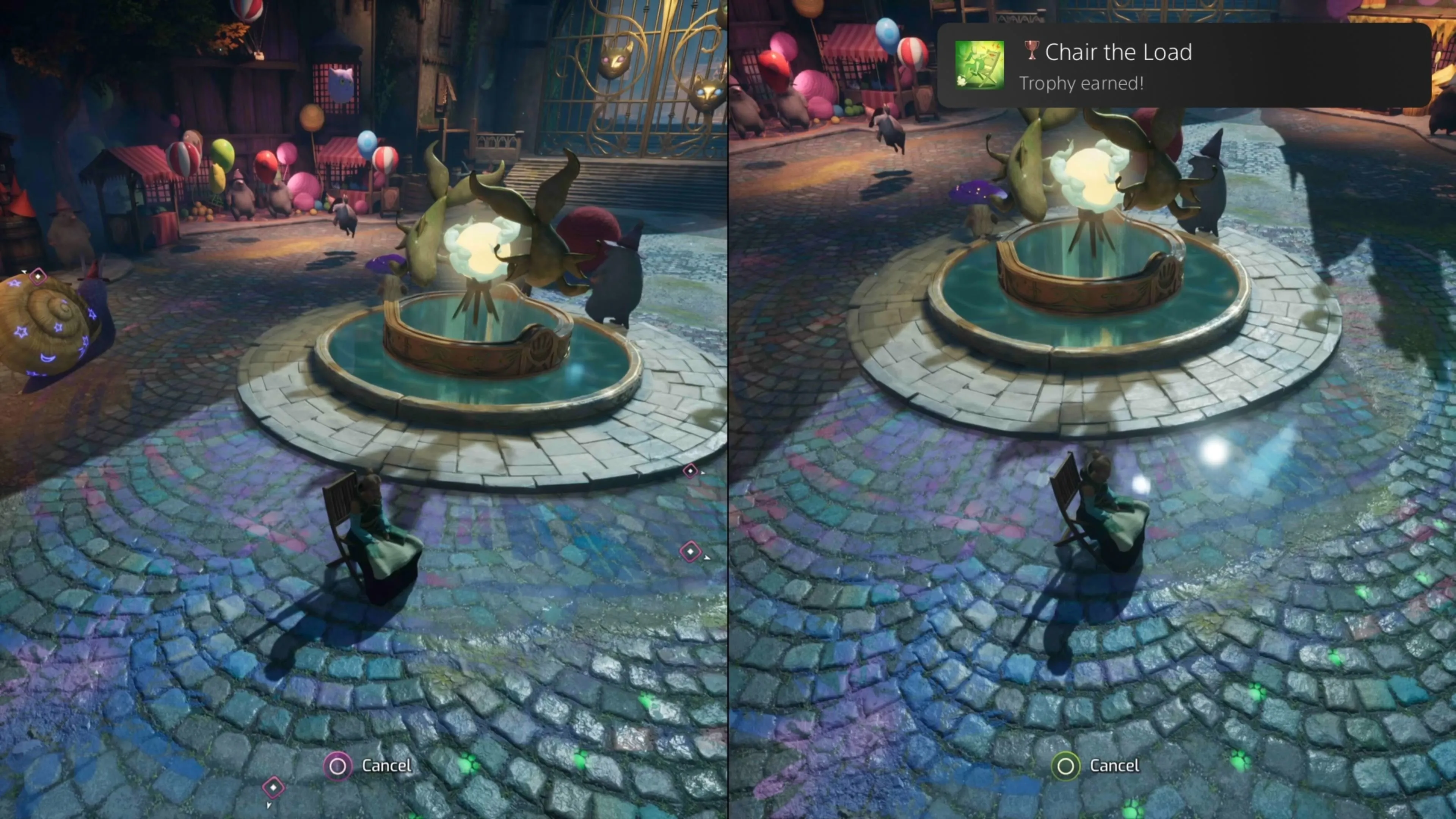 Nhân vật biến thành ghế để người chơi khác ngồi lên, nhận trophy Chair The Load trong Split Fiction Moon Market