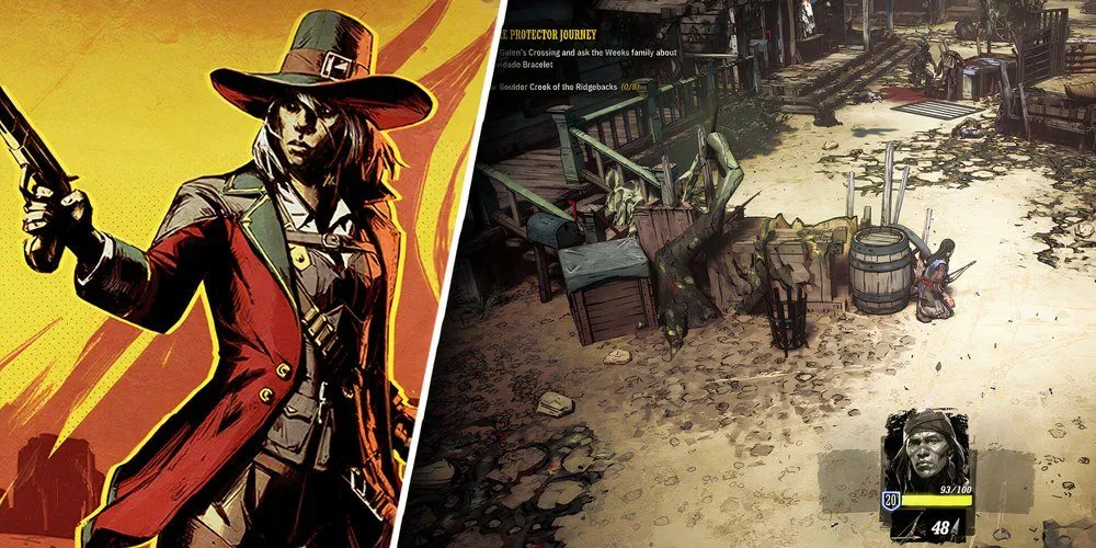 Nhân vật cao bồi đối mặt quái vật trong thế giới Weird West với góc nhìn từ trên xuống
