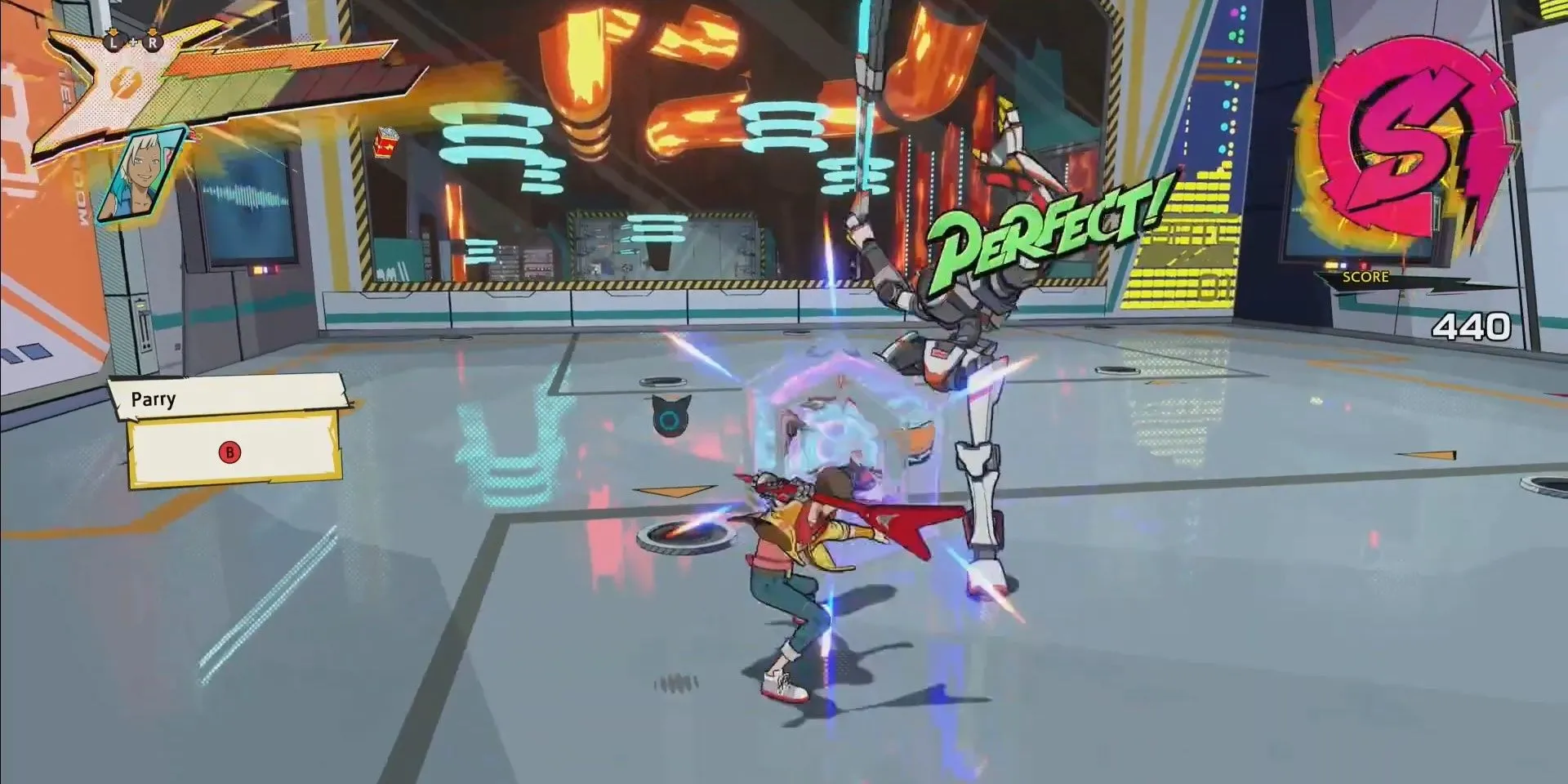 Nhân vật Chai đang thực hiện parry một đòn tấn công trong game Hi-Fi Rush