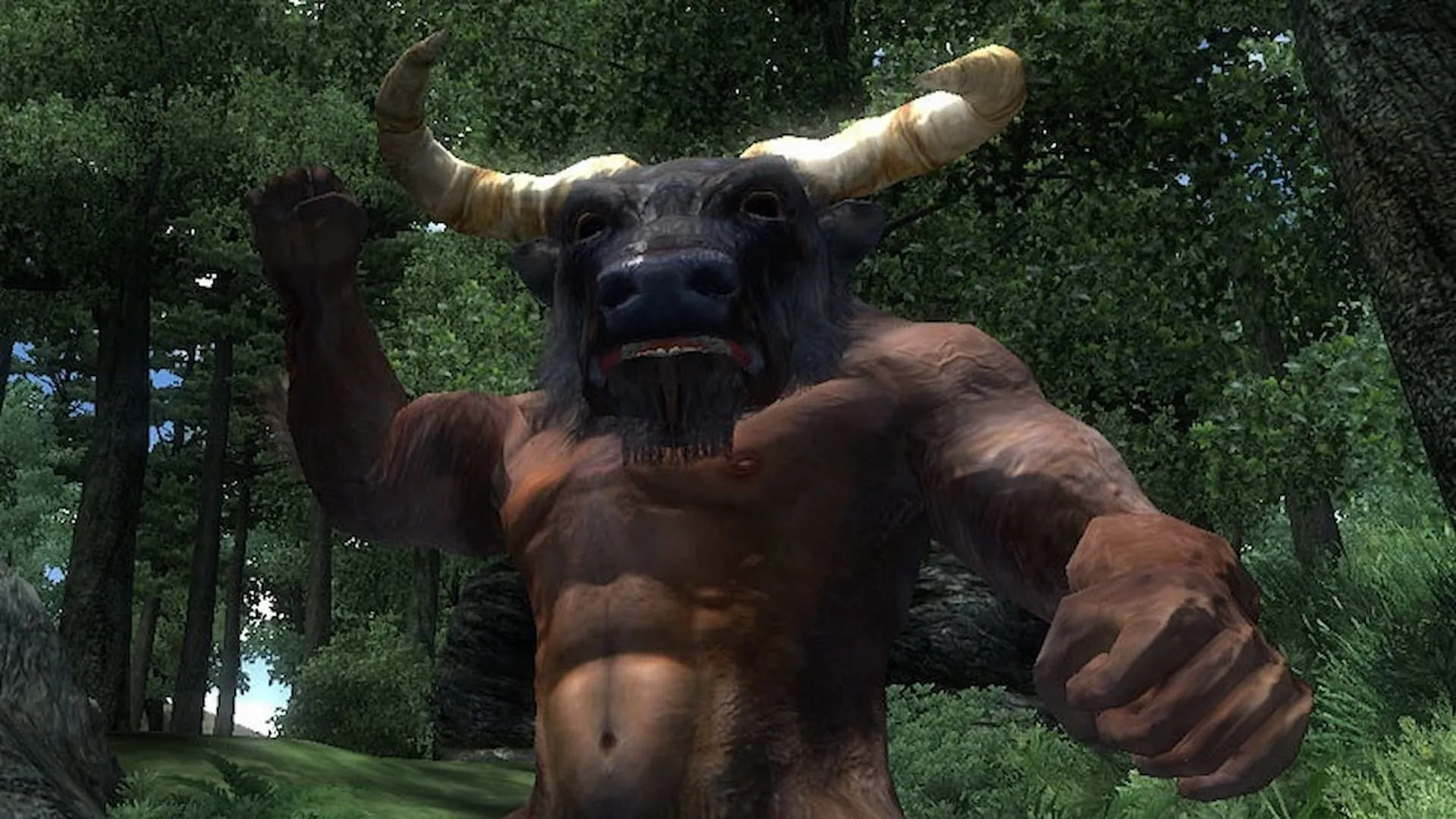 Nhân vật chiến đấu với Minotaur trong The Elder Scrolls IV Oblivion Remastered đồ họa cải tiến