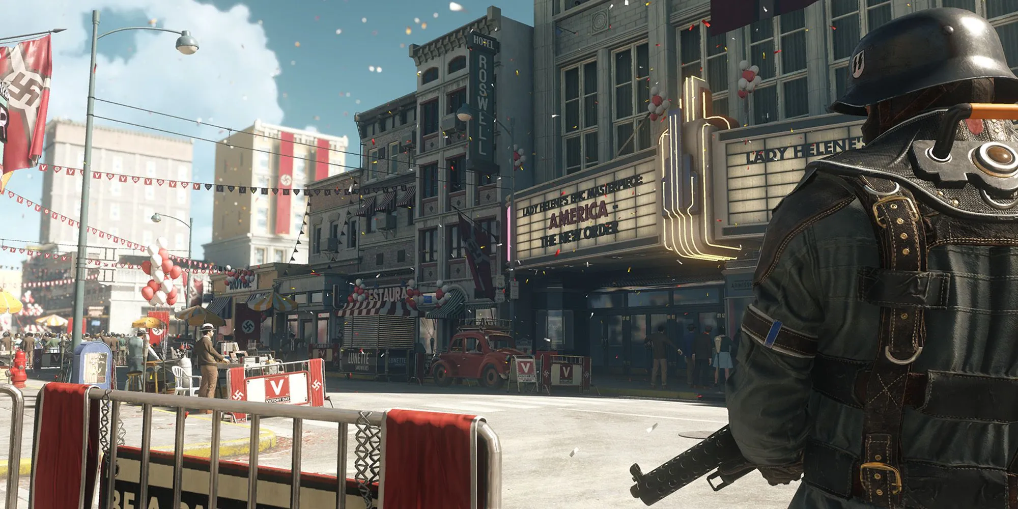 Nhân vật chính B.J. Blazkowicz của Wolfenstein cầm súng trong một khung cảnh hỗn loạn của Đức Quốc Xã