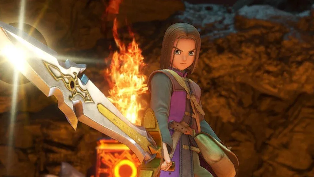 Nhân vật chính của Dragon Quest 11 S: Echoes of an Elusive Age - Definitive Edition đang cầm kiếm